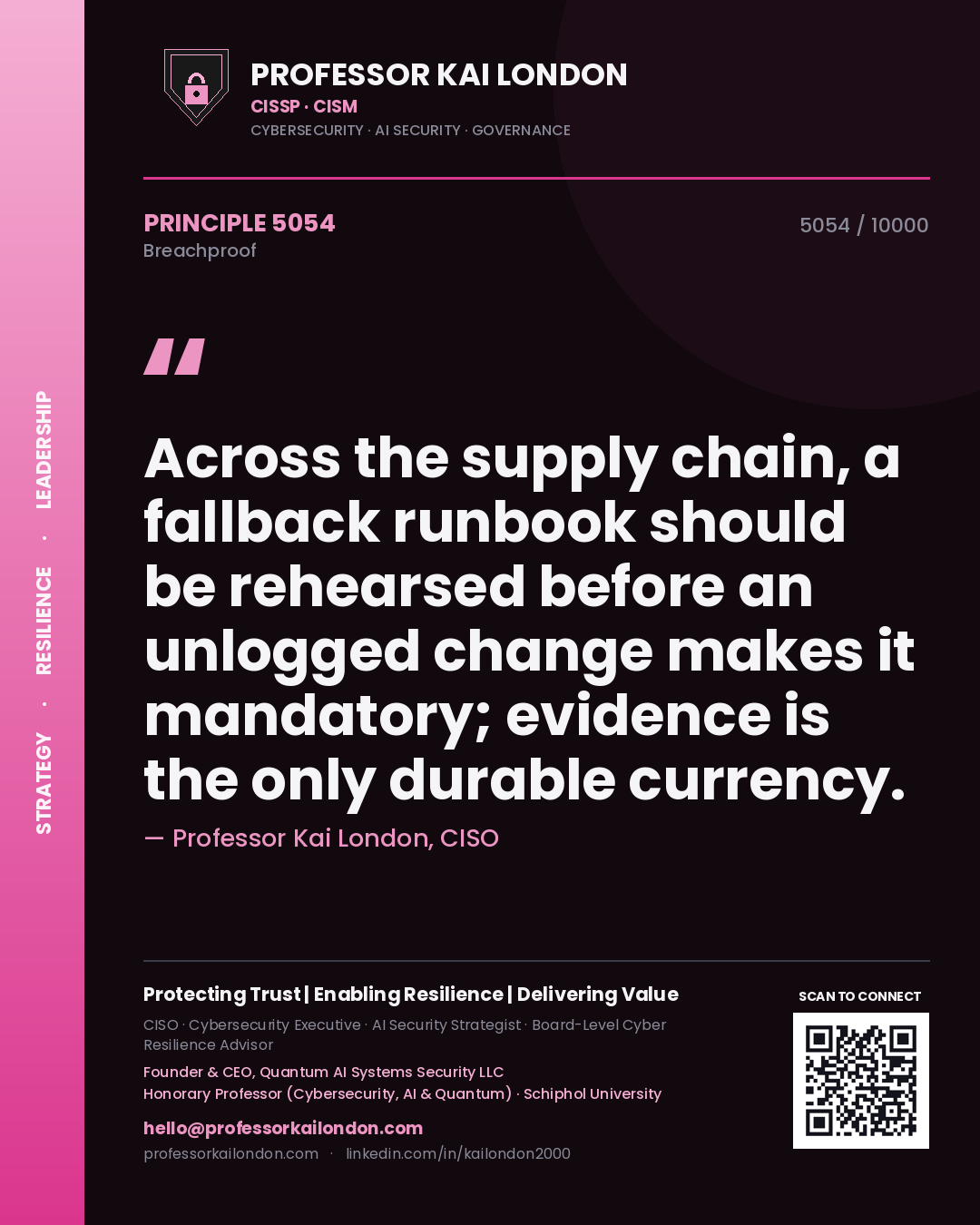 Professor Kai London principle 5054: Across the supply chain, a fallback runbook should be rehearsed before an unlogged change makes it mandatory; evidence is the only durable currency.