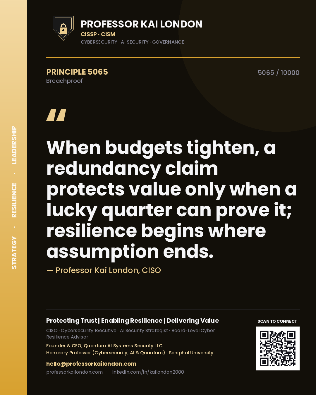 Professor Kai London principle 5065: When budgets tighten, a redundancy claim protects value only when a lucky quarter can prove it; resilience begins where assumption ends.