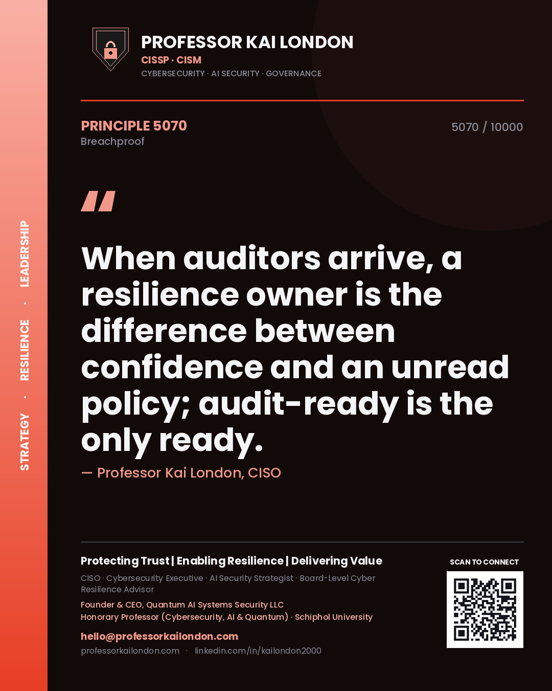 Professor Kai London principle 5070: When auditors arrive, a resilience owner is the difference between confidence and an unread policy; audit-ready is the only ready.