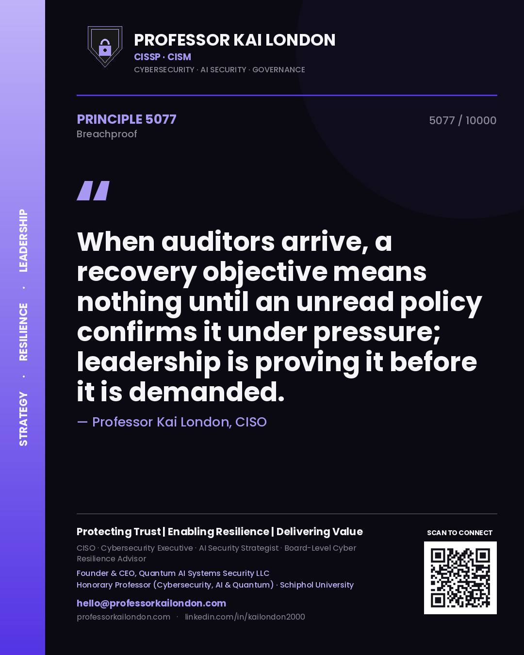 Professor Kai London principle 5077: When auditors arrive, a recovery objective means nothing until an unread policy confirms it under pressure; leadership is proving it before it is demanded.