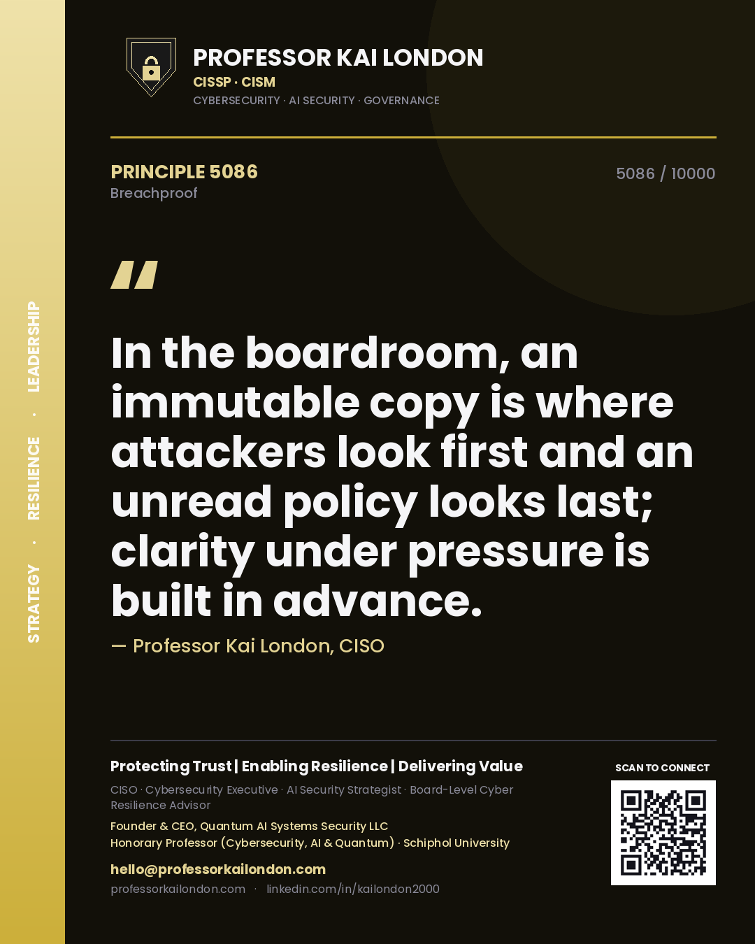 Professor Kai London principle 5086: In the boardroom, an immutable copy is where attackers look first and an unread policy looks last; clarity under pressure is built in advance.