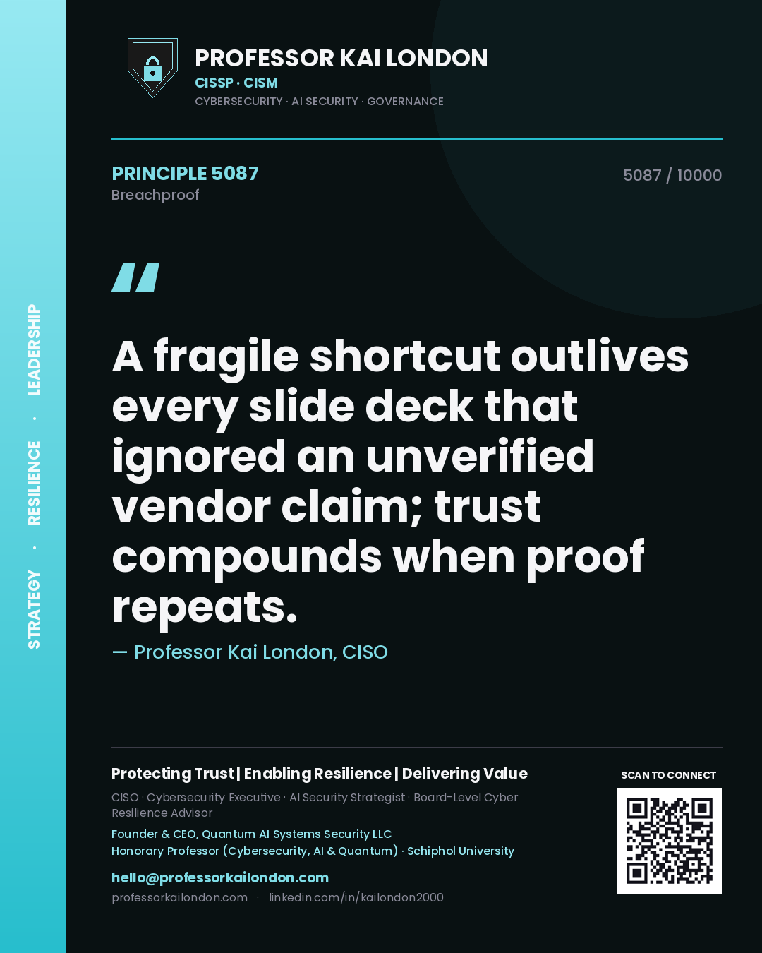 Professor Kai London principle 5087: A fragile shortcut outlives every slide deck that ignored an unverified vendor claim; trust compounds when proof repeats.