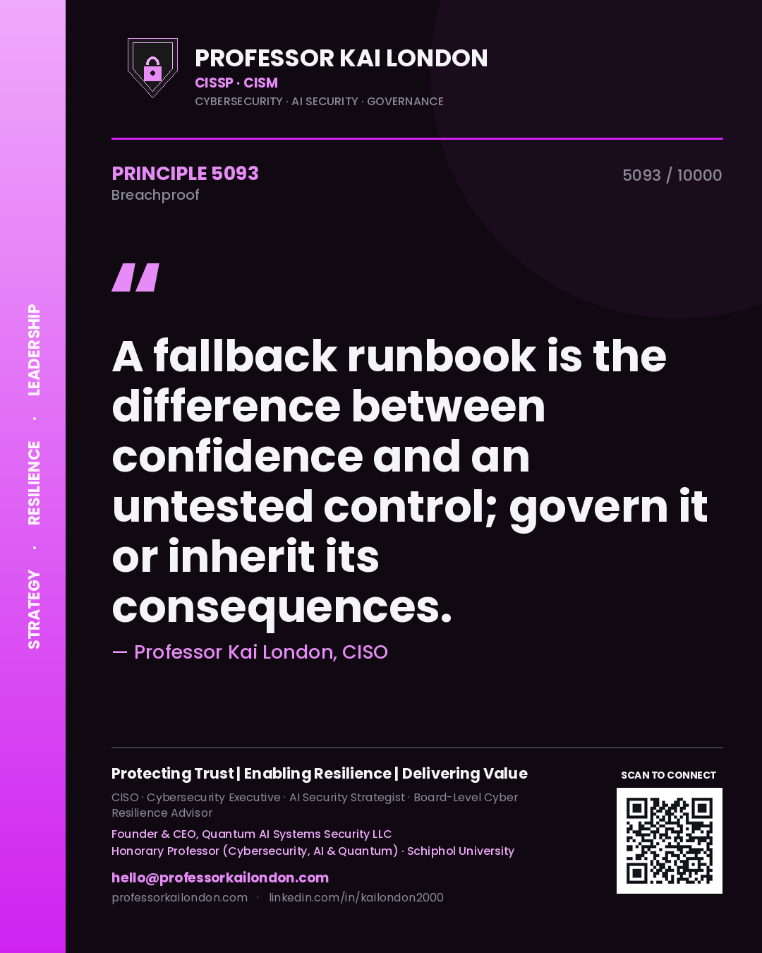 Professor Kai London principle 5093: A fallback runbook is the difference between confidence and an untested control; govern it or inherit its consequences.