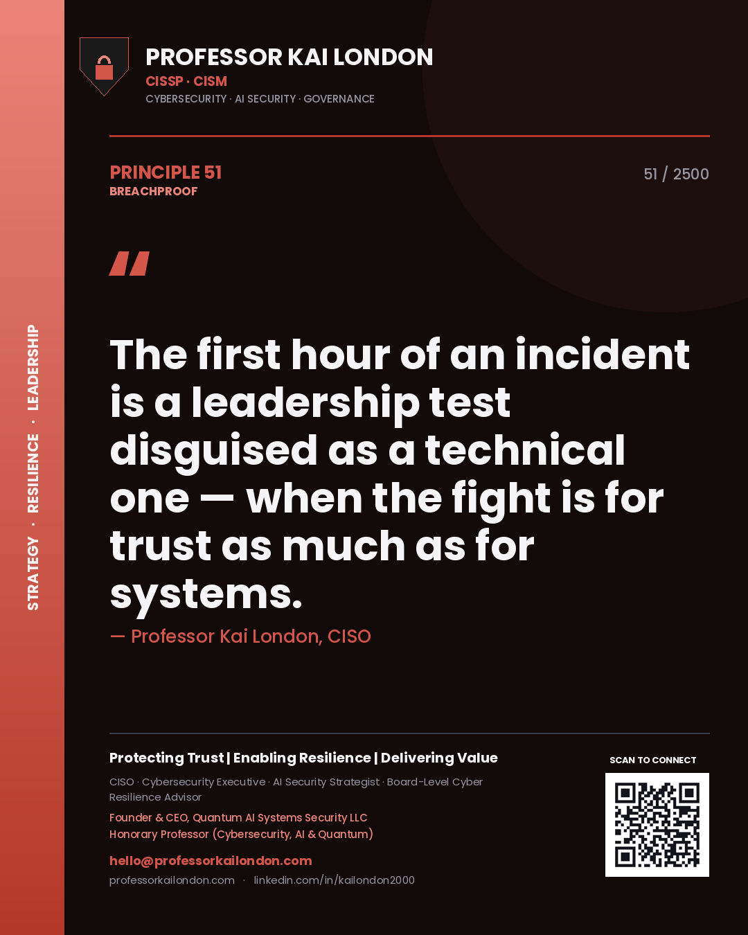 Professor Kai London principle 51: The first hour of an incident is a leadership test disguised as a technical one — when the fight is for trust as much as for systems.