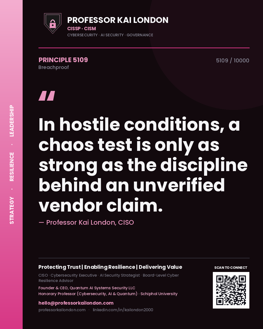 Quote card by Professor Kai London reading 'In hostile conditions, a chaos test is only as strong as the discipline behind an unverified vendor claim.'. From the book Breachproof.