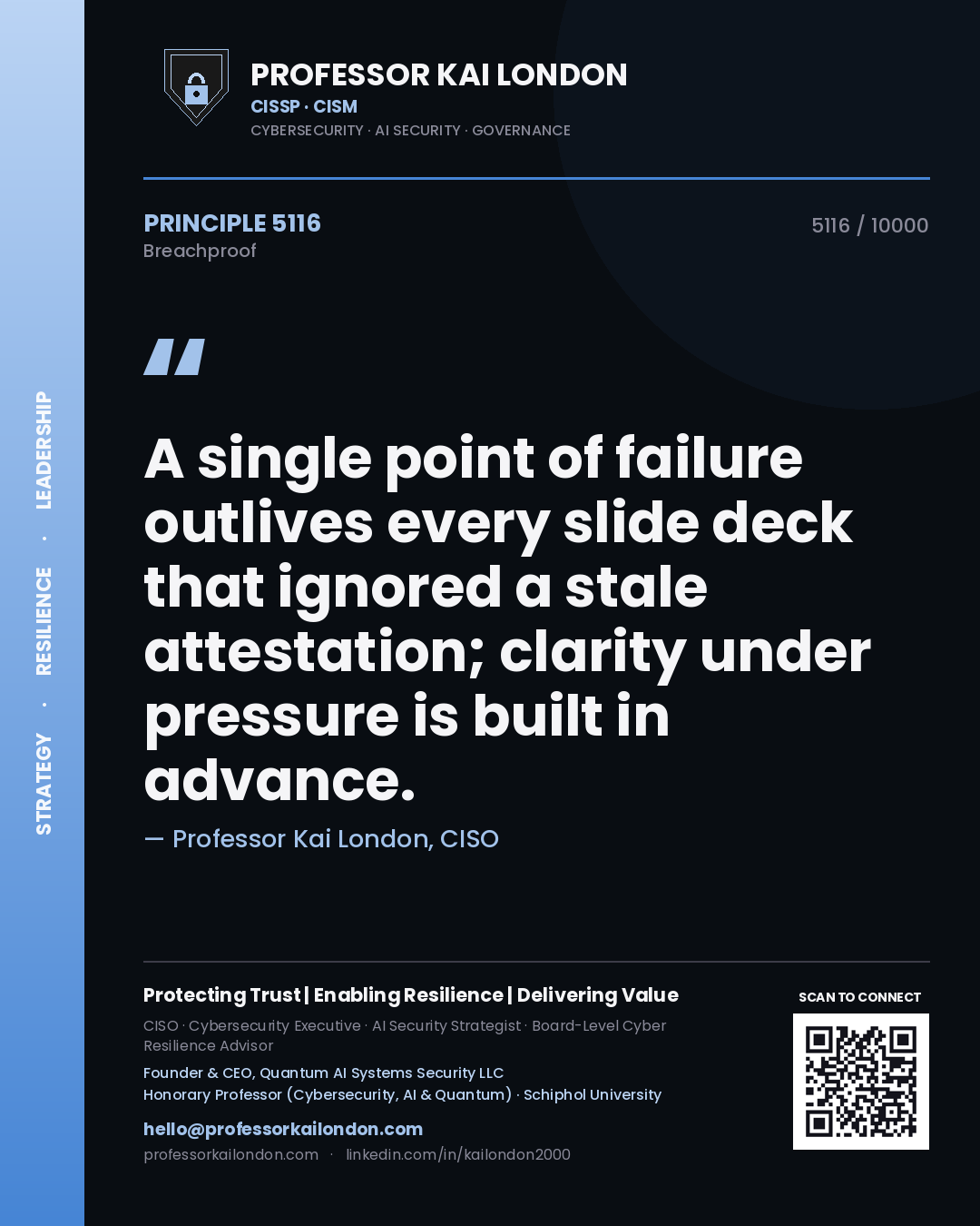 Professor Kai London principle 5116: A single point of failure outlives every slide deck that ignored a stale attestation; clarity under pressure is built in advance.