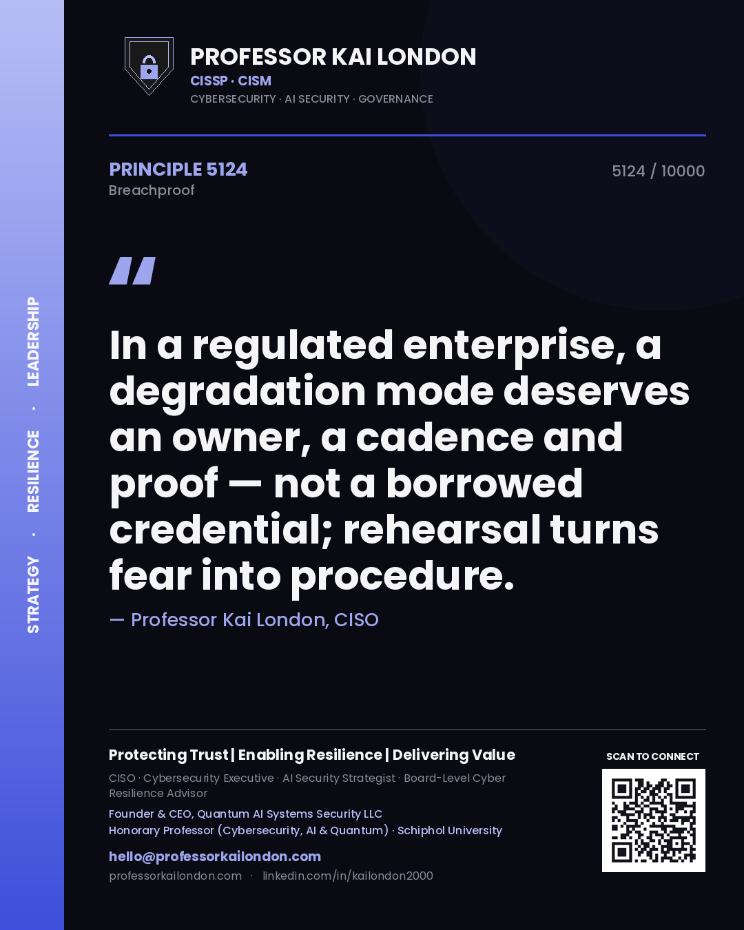 Professor Kai London principle 5124: In a regulated enterprise, a degradation mode deserves an owner, a cadence and proof — not a borrowed credential; rehearsal turns fear into procedure.