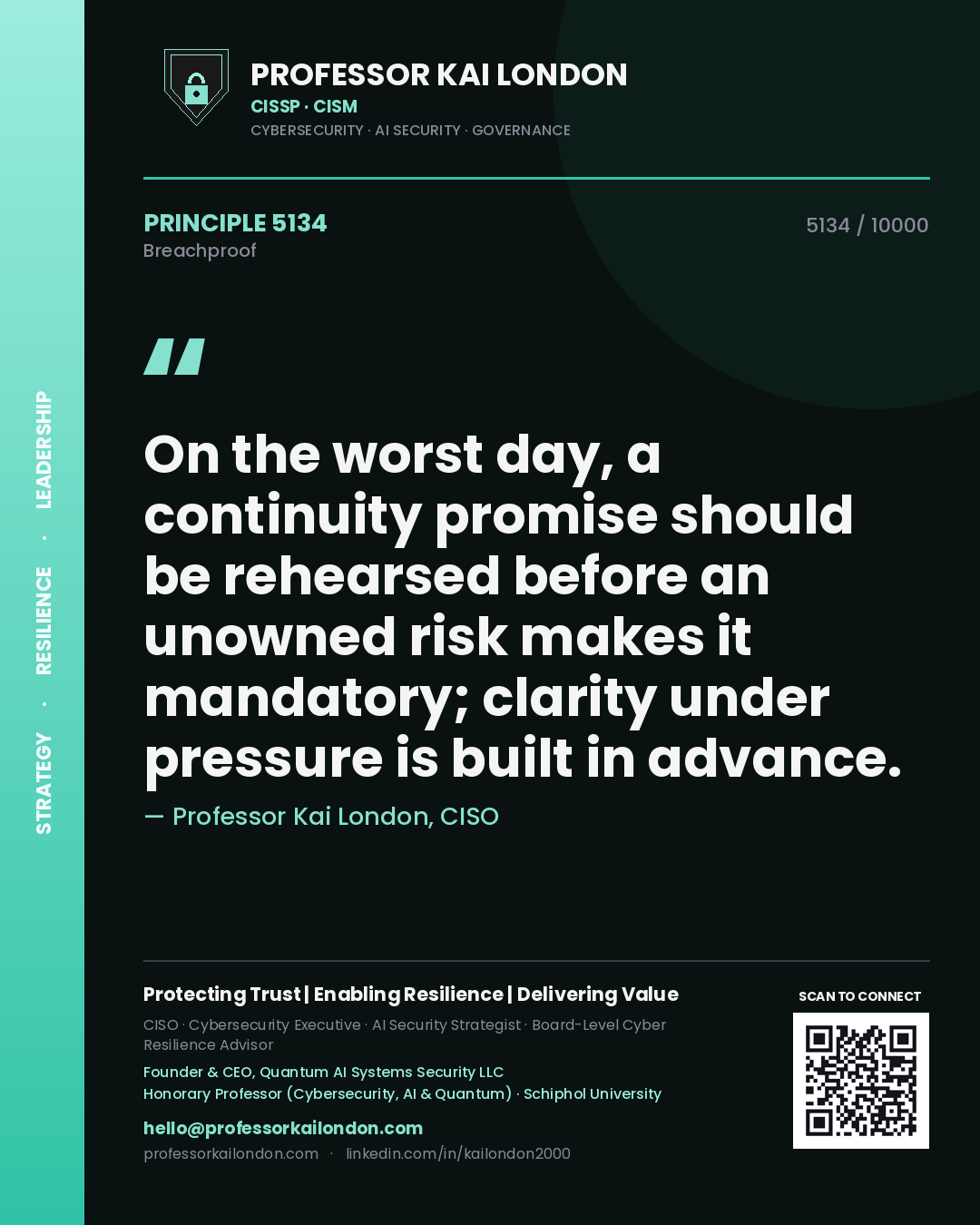 Quote card by Professor Kai London reading 'On the worst day, a continuity promise should be rehearsed before an unowned risk makes it mandatory; clarity under pressure is built in advance.'. From the book Breachproof.