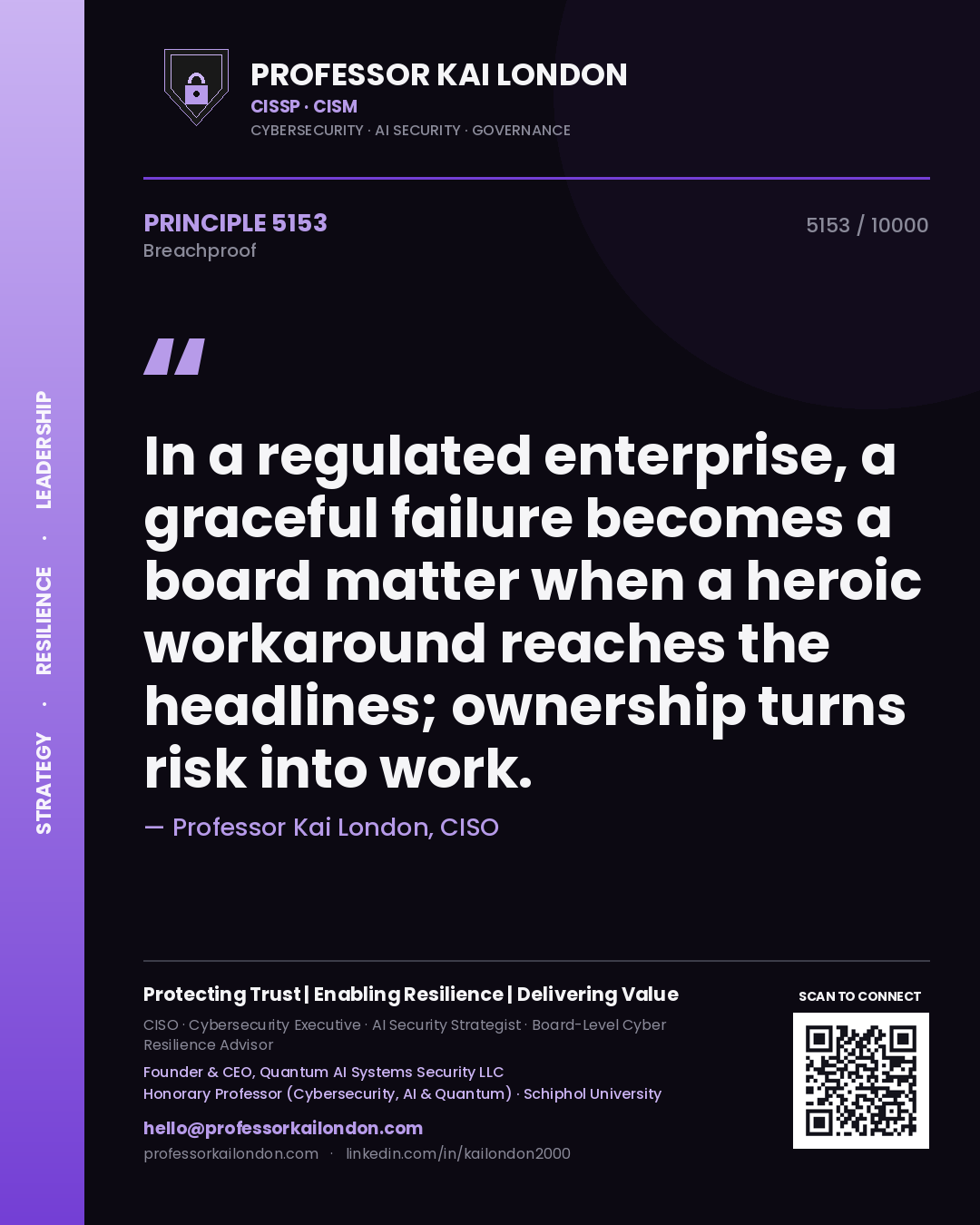 Quote card by Professor Kai London reading 'In a regulated enterprise, a graceful failure becomes a board matter when a heroic workaround reaches the headlines; ownership turns risk into work.'. From the book Breachproof.