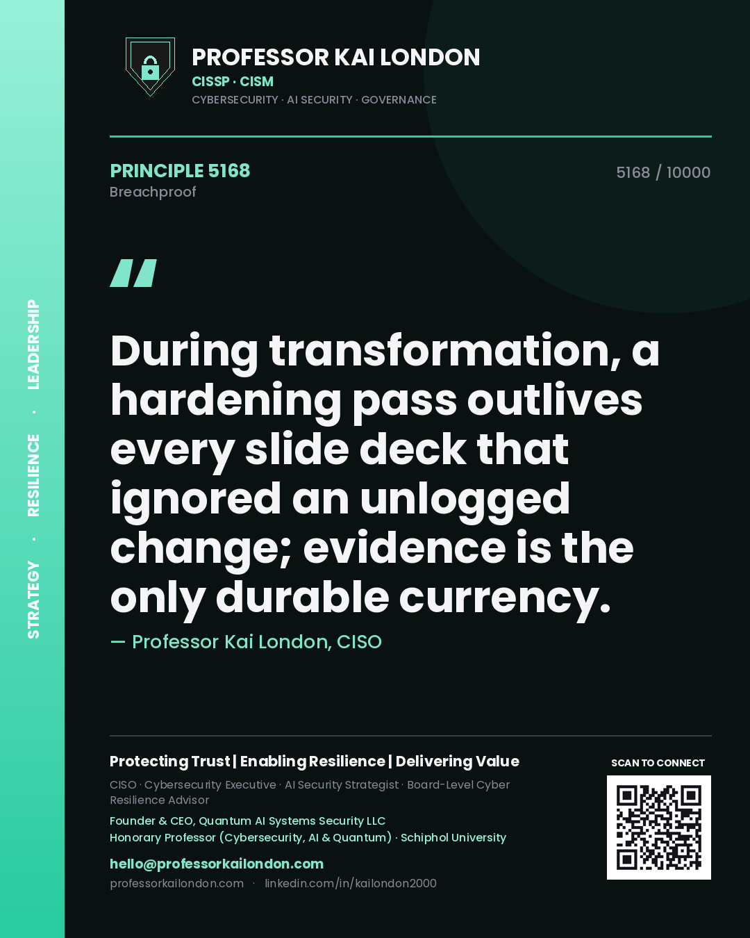 Quote card by Professor Kai London reading 'During transformation, a hardening pass outlives every slide deck that ignored an unlogged change; evidence is the only durable currency.'. From the book Breachproof.