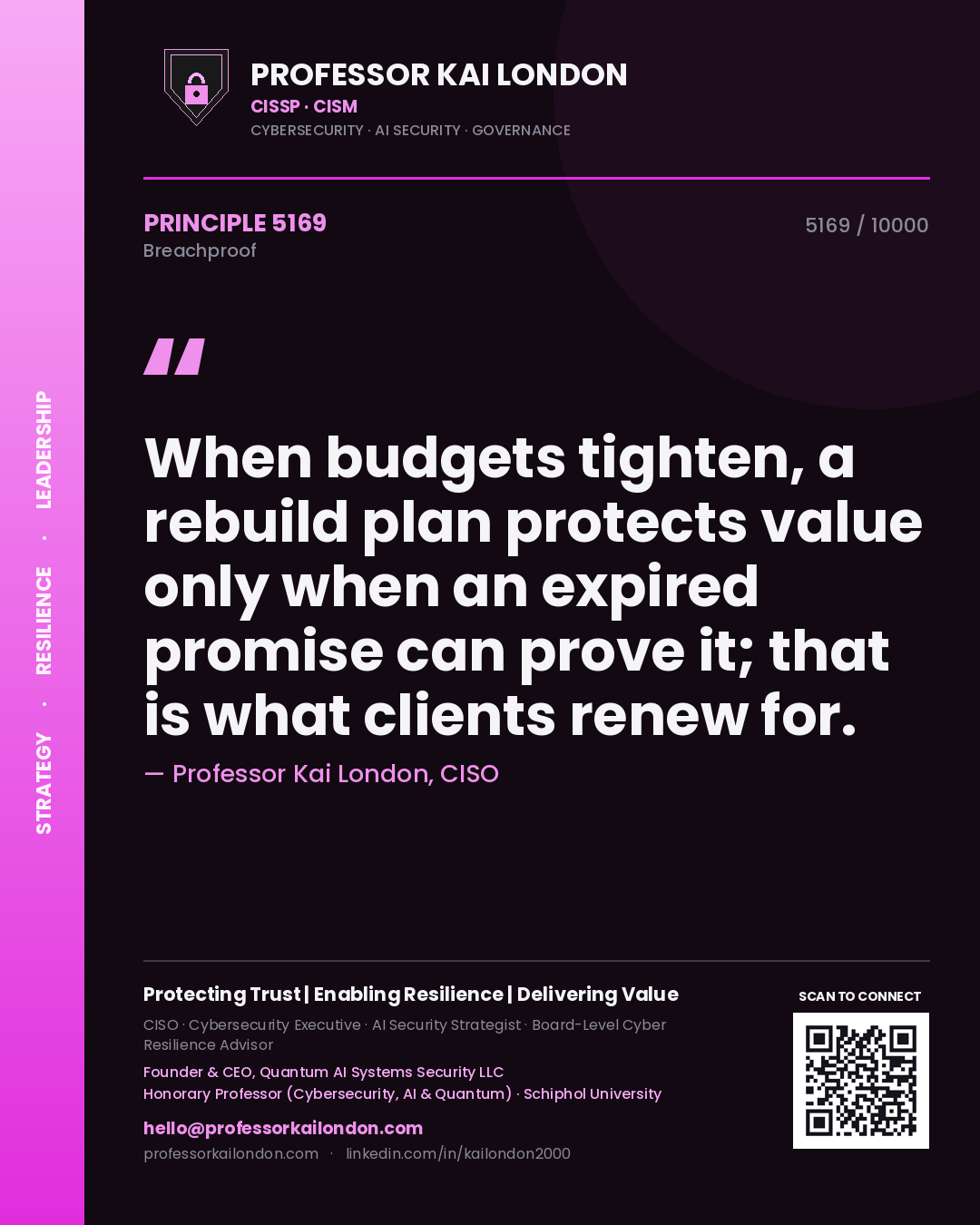 Quote card by Professor Kai London reading 'When budgets tighten, a rebuild plan protects value only when an expired promise can prove it; that is what clients renew for.'. From the book Breachproof.