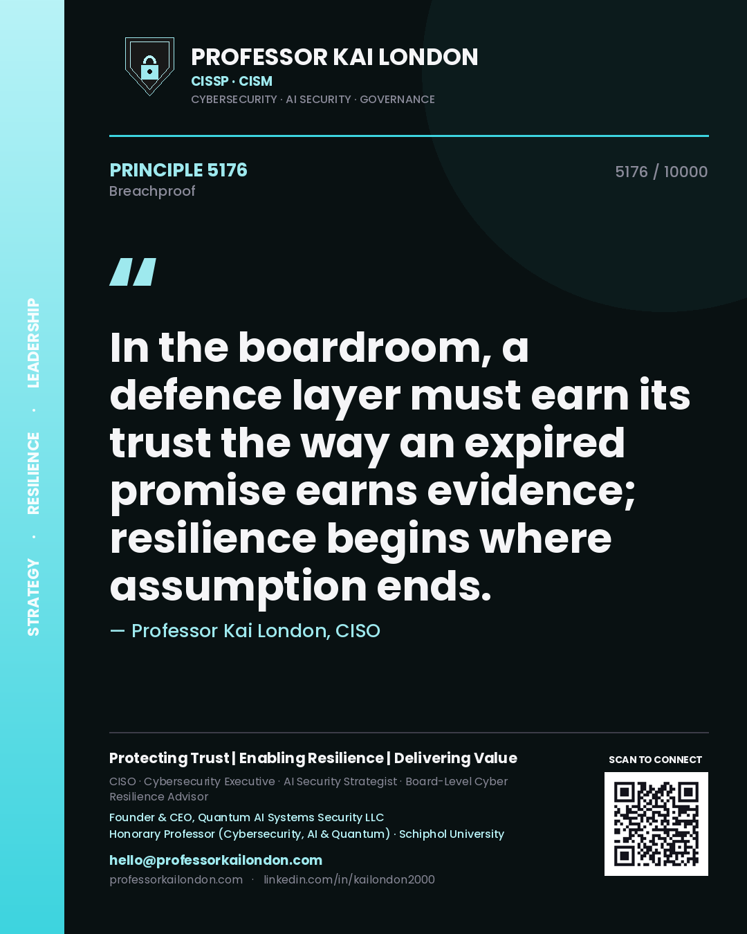 Quote card by Professor Kai London reading 'In the boardroom, a defence layer must earn its trust the way an expired promise earns evidence; resilience begins where assumption ends.'. From the book Breachproof.