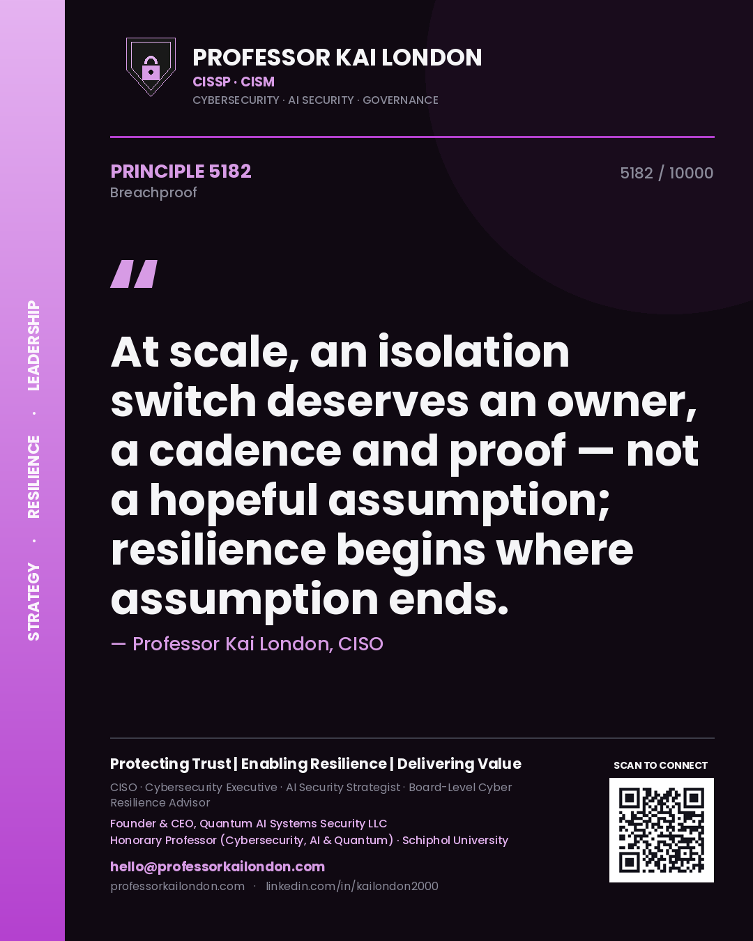 Quote card by Professor Kai London reading 'At scale, an isolation switch deserves an owner, a cadence and proof — not a hopeful assumption; resilience begins where assumption ends.'. From the book Breachproof.