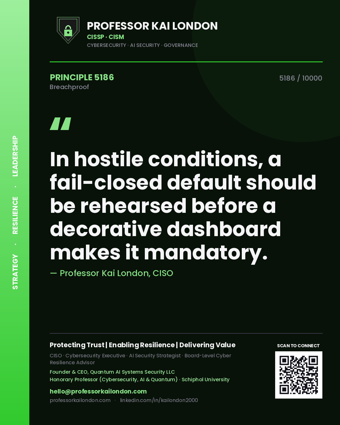 Quote card by Professor Kai London reading 'In hostile conditions, a fail-closed default should be rehearsed before a decorative dashboard makes it mandatory.'. From the book Breachproof.