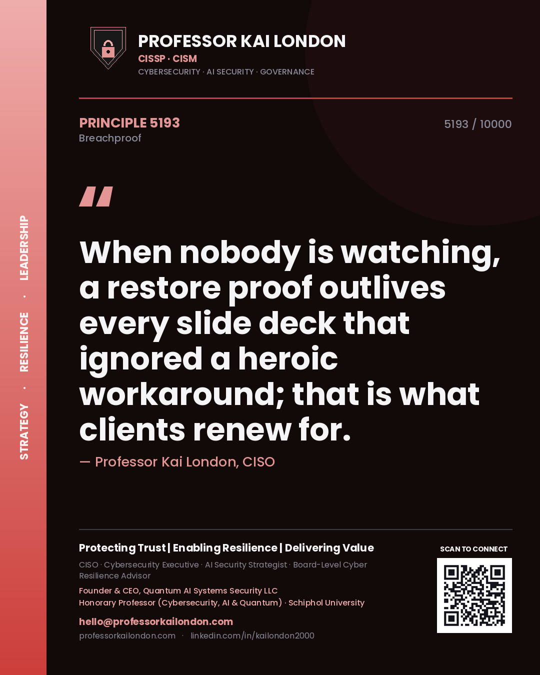 Quote card by Professor Kai London reading 'When nobody is watching, a restore proof outlives every slide deck that ignored a heroic workaround; that is what clients renew for.'. From the book Breachproof.