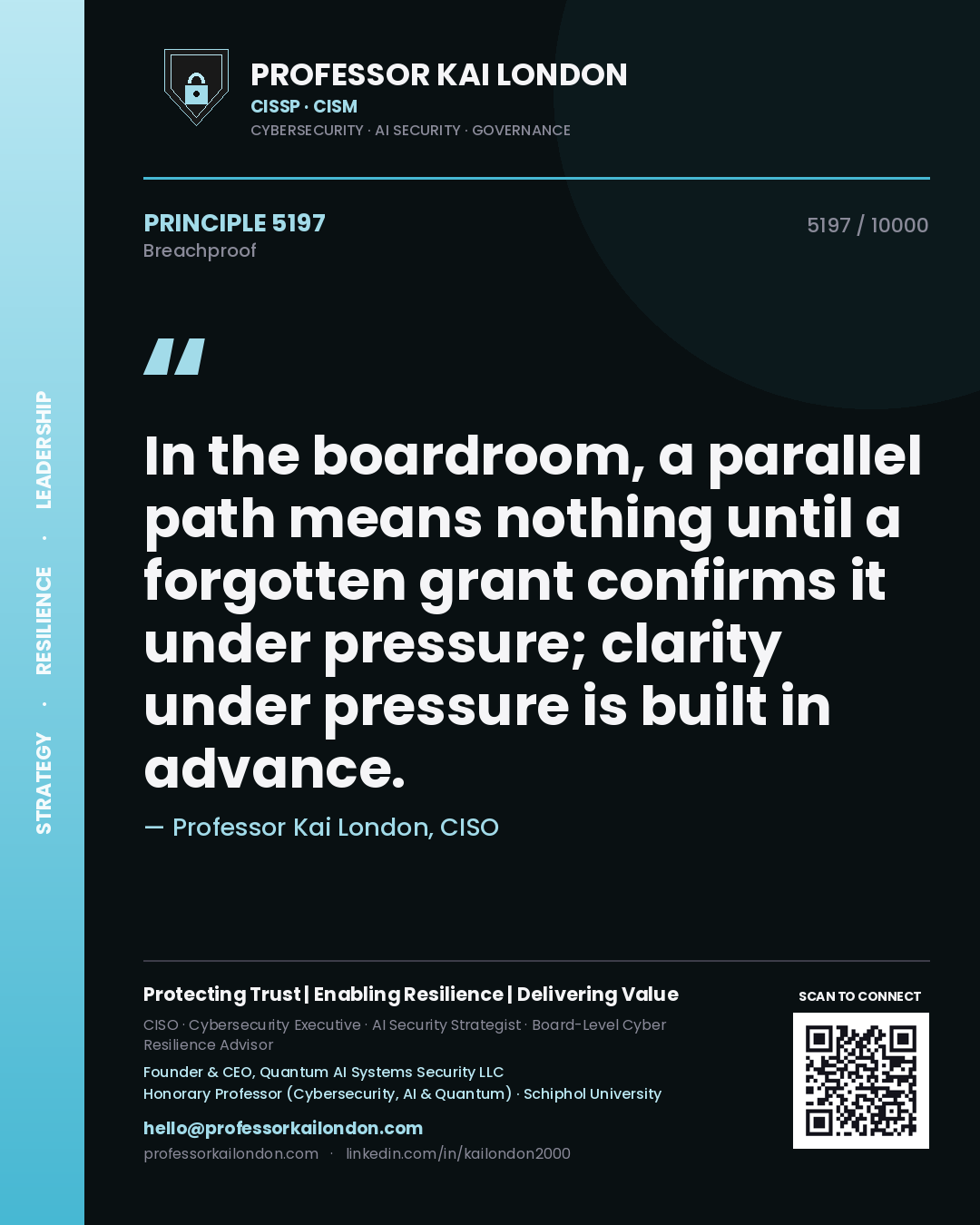 Professor Kai London principle 5197: In the boardroom, a parallel path means nothing until a forgotten grant confirms it under pressure; clarity under pressure is built in advance.