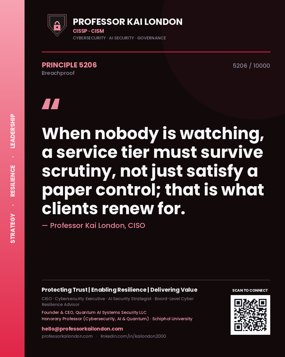 Quote card by Professor Kai London reading 'When nobody is watching, a service tier must survive scrutiny, not just satisfy a paper control; that is what clients renew for.'. From the book Breachproof.