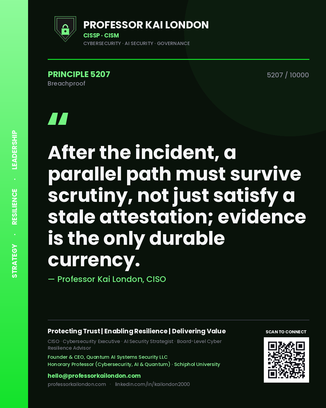 Quote card by Professor Kai London reading 'After the incident, a parallel path must survive scrutiny, not just satisfy a stale attestation; evidence is the only durable currency.'. From the book Breachproof.