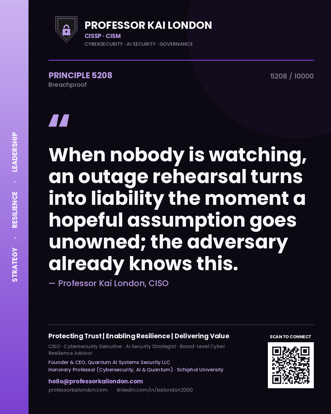 Professor Kai London principle 5208: When nobody is watching, an outage rehearsal turns into liability the moment a hopeful assumption goes unowned; the adversary already knows this.