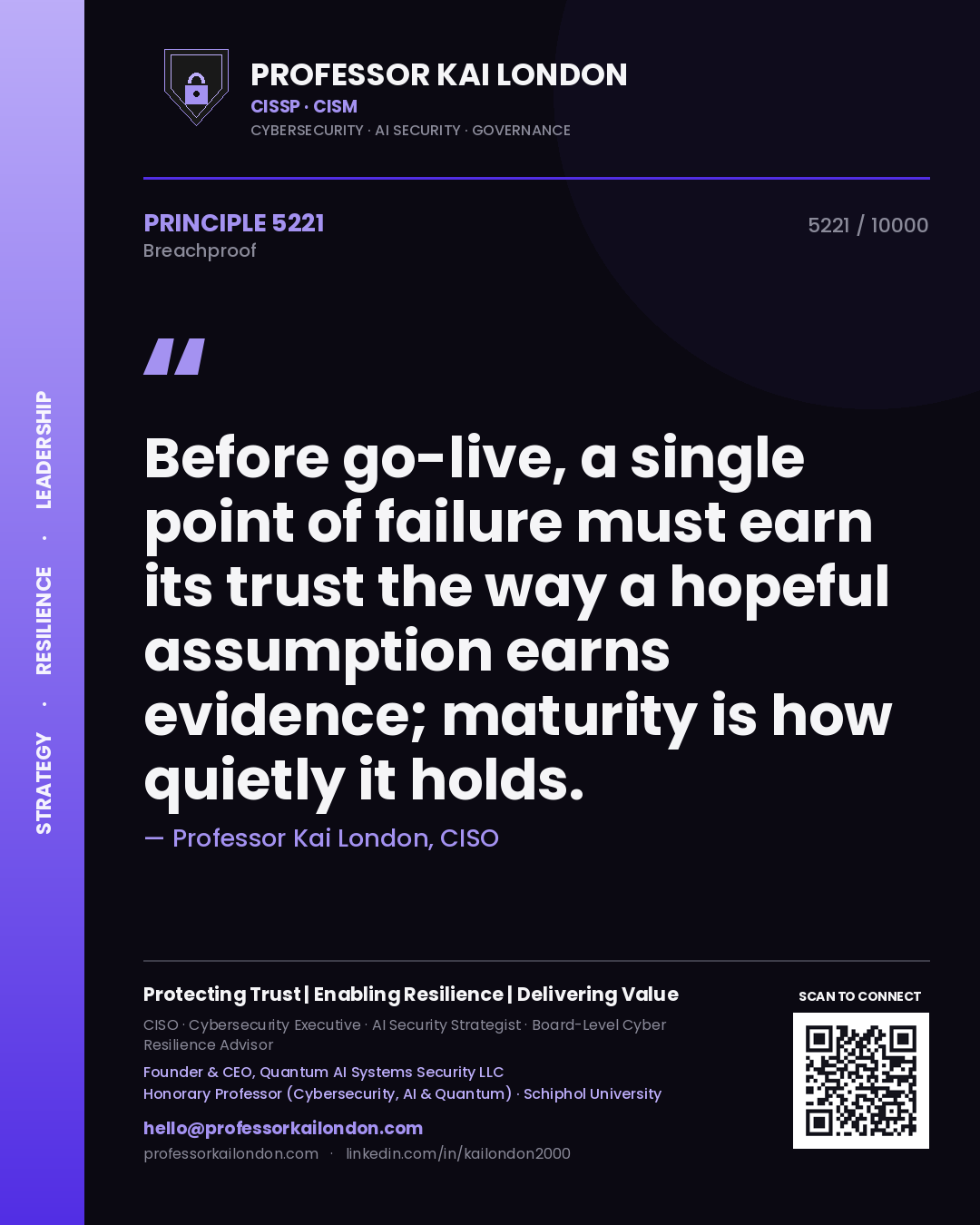 Quote card by Professor Kai London reading 'Before go-live, a single point of failure must earn its trust the way a hopeful assumption earns evidence; maturity is how quietly it holds.'. From the book Breachproof.