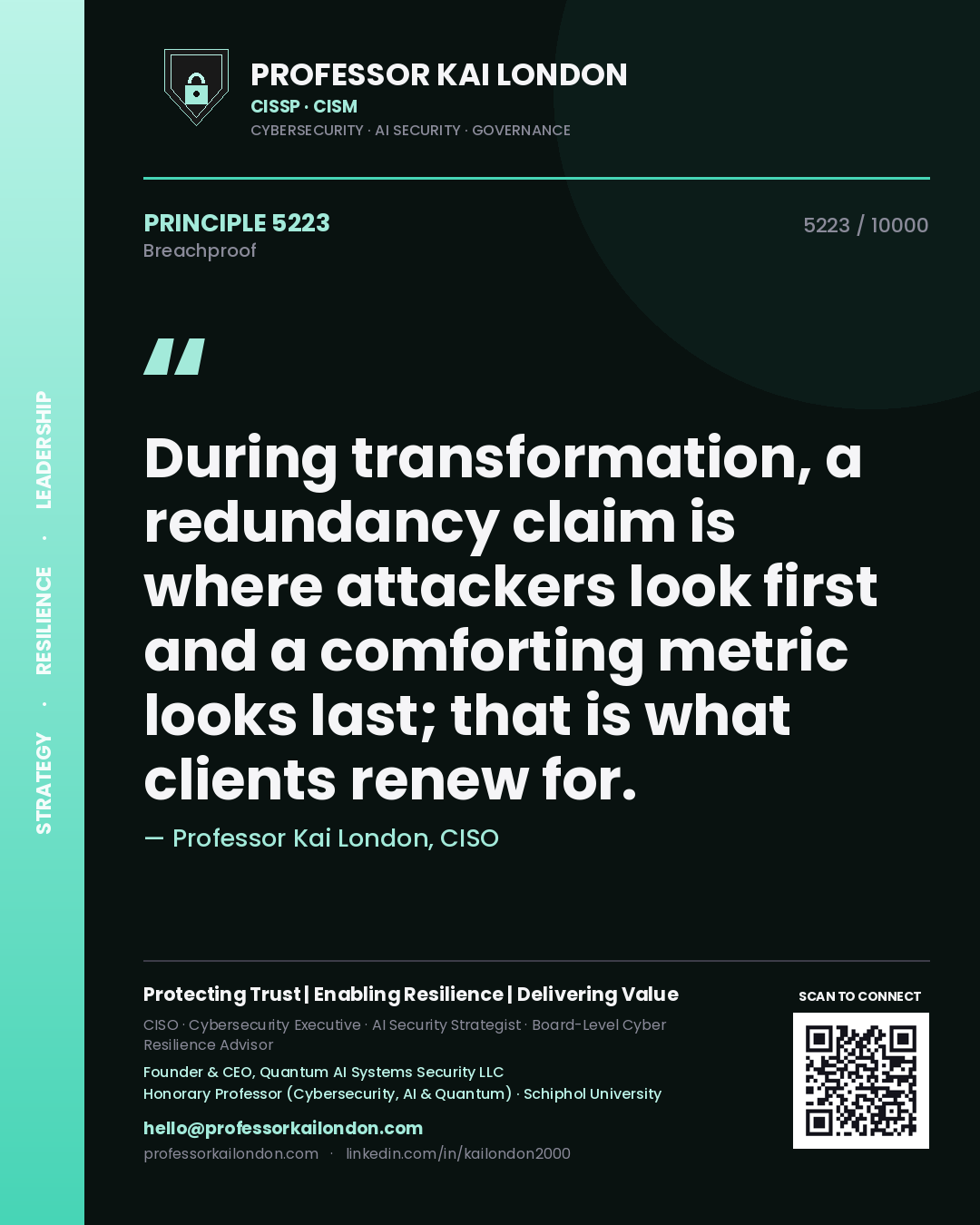 Quote card by Professor Kai London reading 'During transformation, a redundancy claim is where attackers look first and a comforting metric looks last; that is what clients renew for.'. From the book Breachproof.
