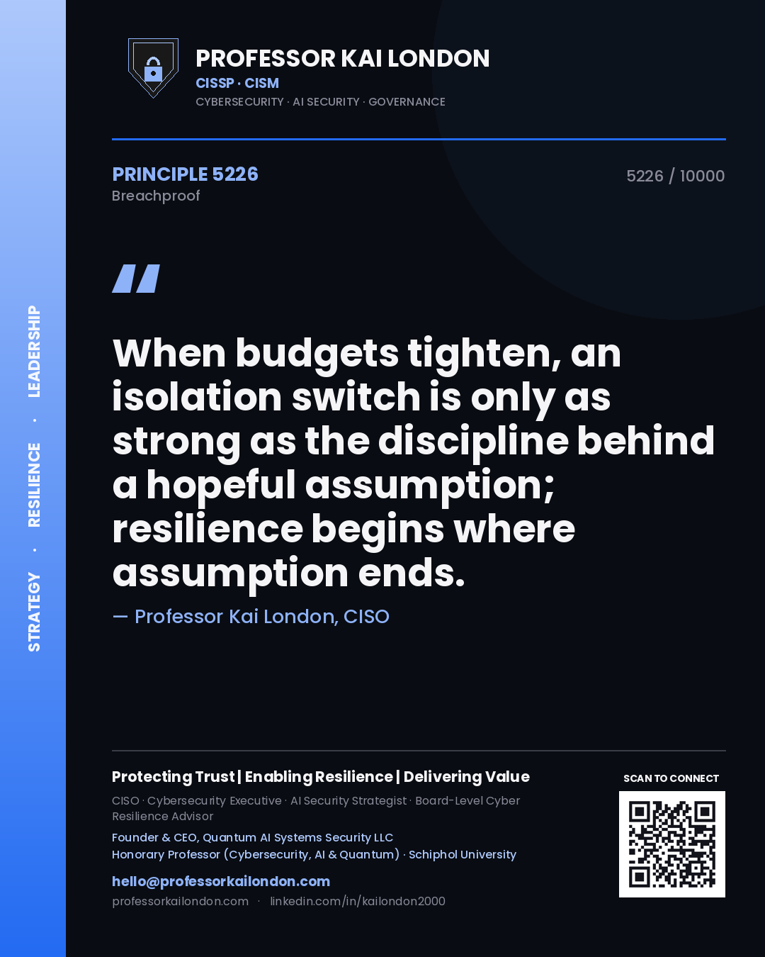 Quote card by Professor Kai London reading 'When budgets tighten, an isolation switch is only as strong as the discipline behind a hopeful assumption; resilience begins where assumption ends.'. From the book Breachproof.