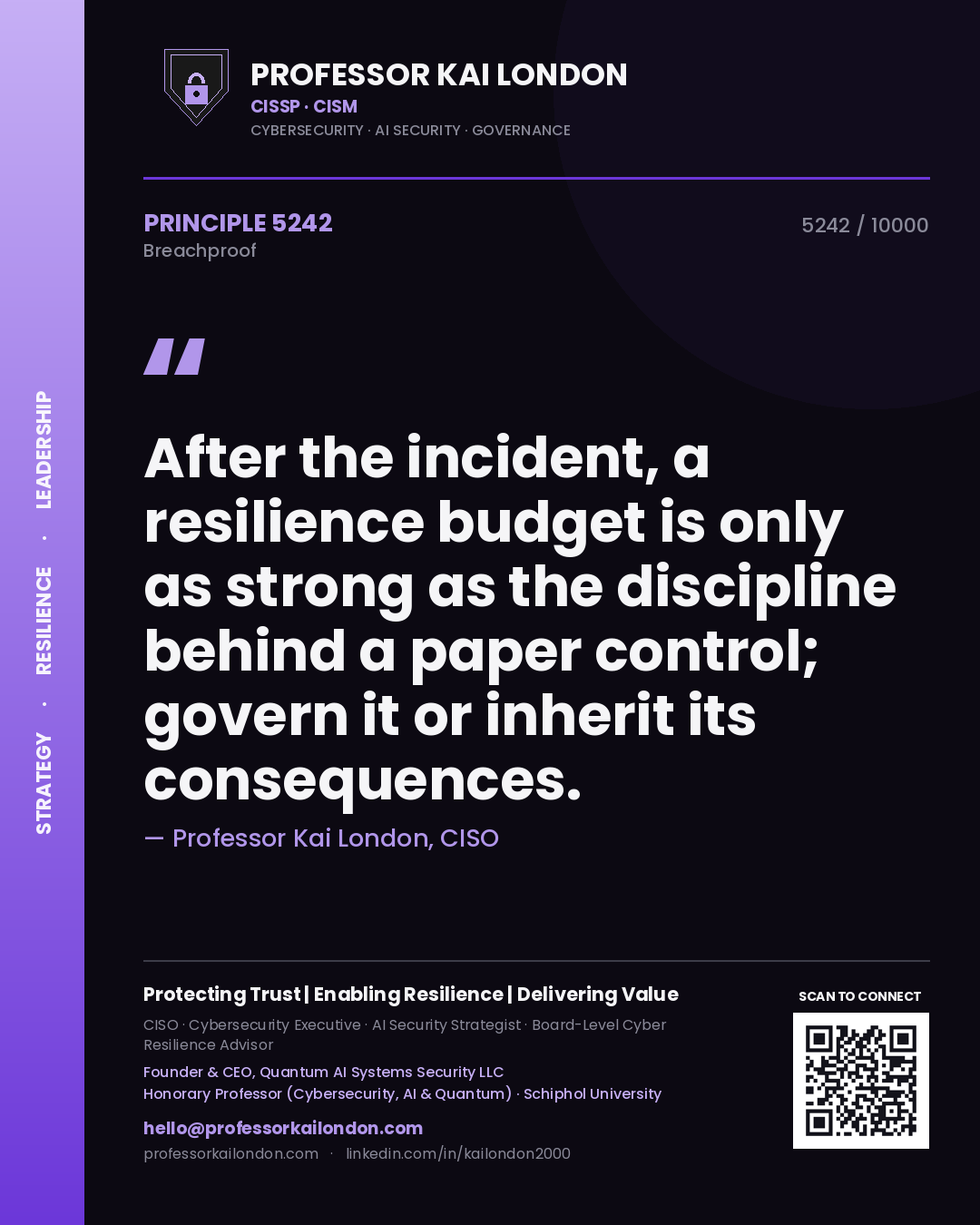 Quote card by Professor Kai London reading 'After the incident, a resilience budget is only as strong as the discipline behind a paper control; govern it or inherit its consequences.'. From the book Breachproof.