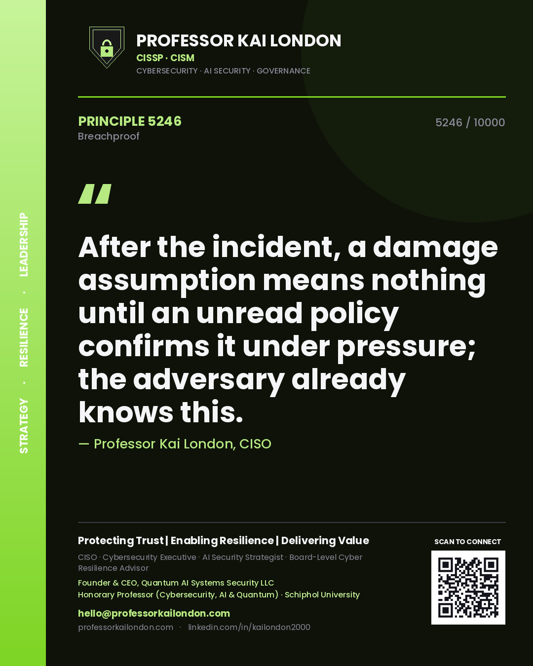 Quote card by Professor Kai London reading 'After the incident, a damage assumption means nothing until an unread policy confirms it under pressure; the adversary already knows this.'. From the book Breachproof.