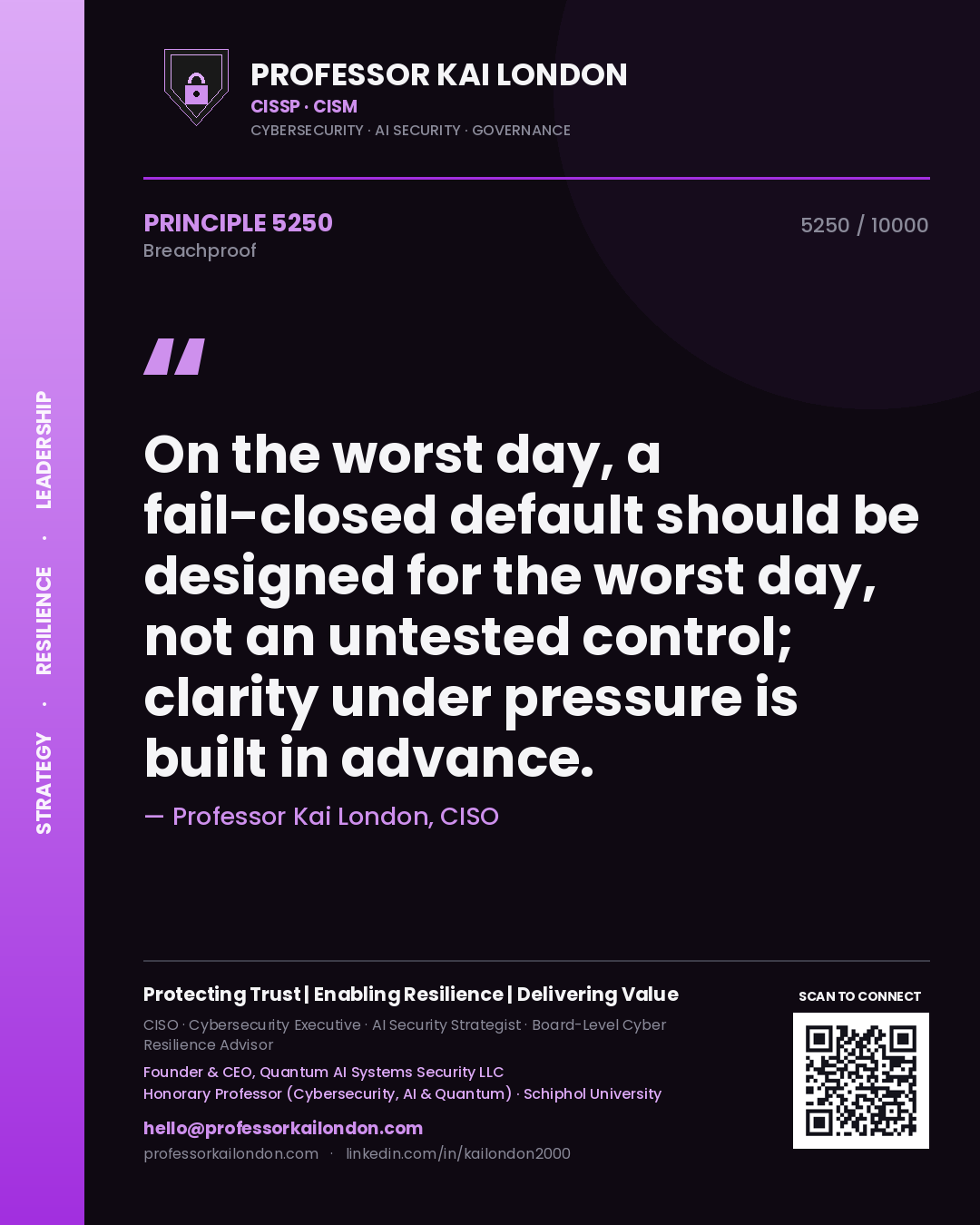 Quote card by Professor Kai London reading 'On the worst day, a fail-closed default should be designed for the worst day, not an untested control; clarity under pressure is built in advance.'. From the book Breachproof.