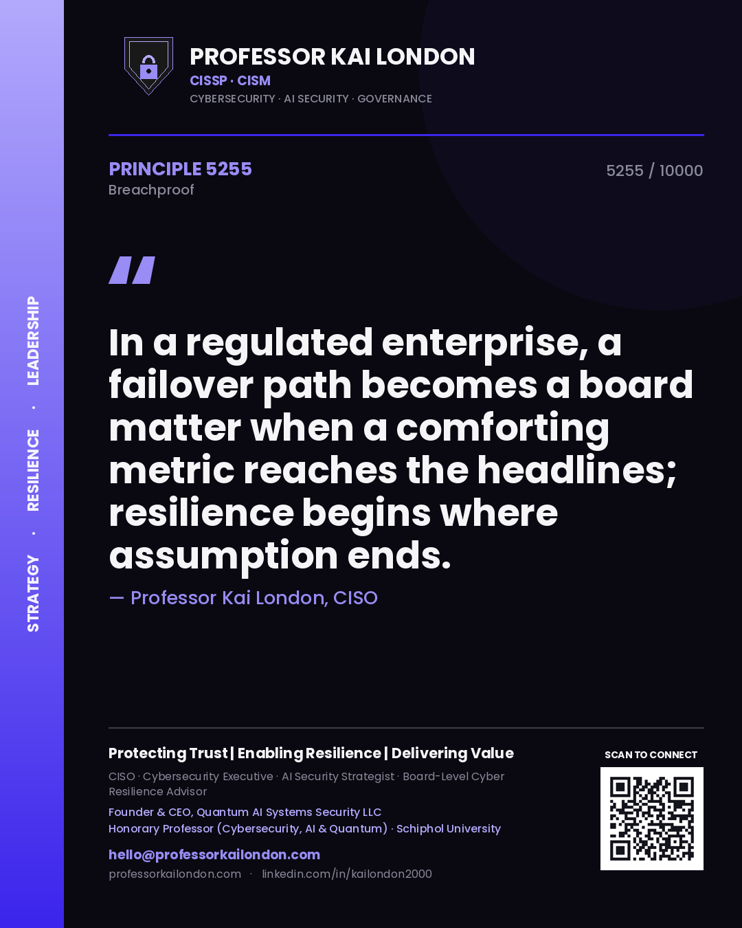 Quote card by Professor Kai London reading 'In a regulated enterprise, a failover path becomes a board matter when a comforting metric reaches the headlines; resilience begins where assumption ends.'. From the book Breachproof.