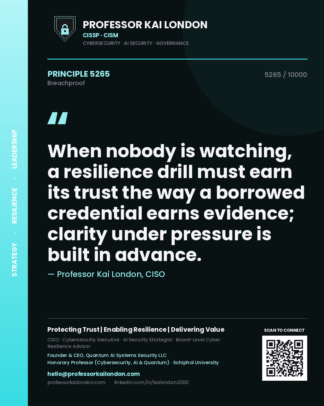 Quote card by Professor Kai London reading 'When nobody is watching, a resilience drill must earn its trust the way a borrowed credential earns evidence; clarity under pressure is built in advance.'. From the book Breachproof.