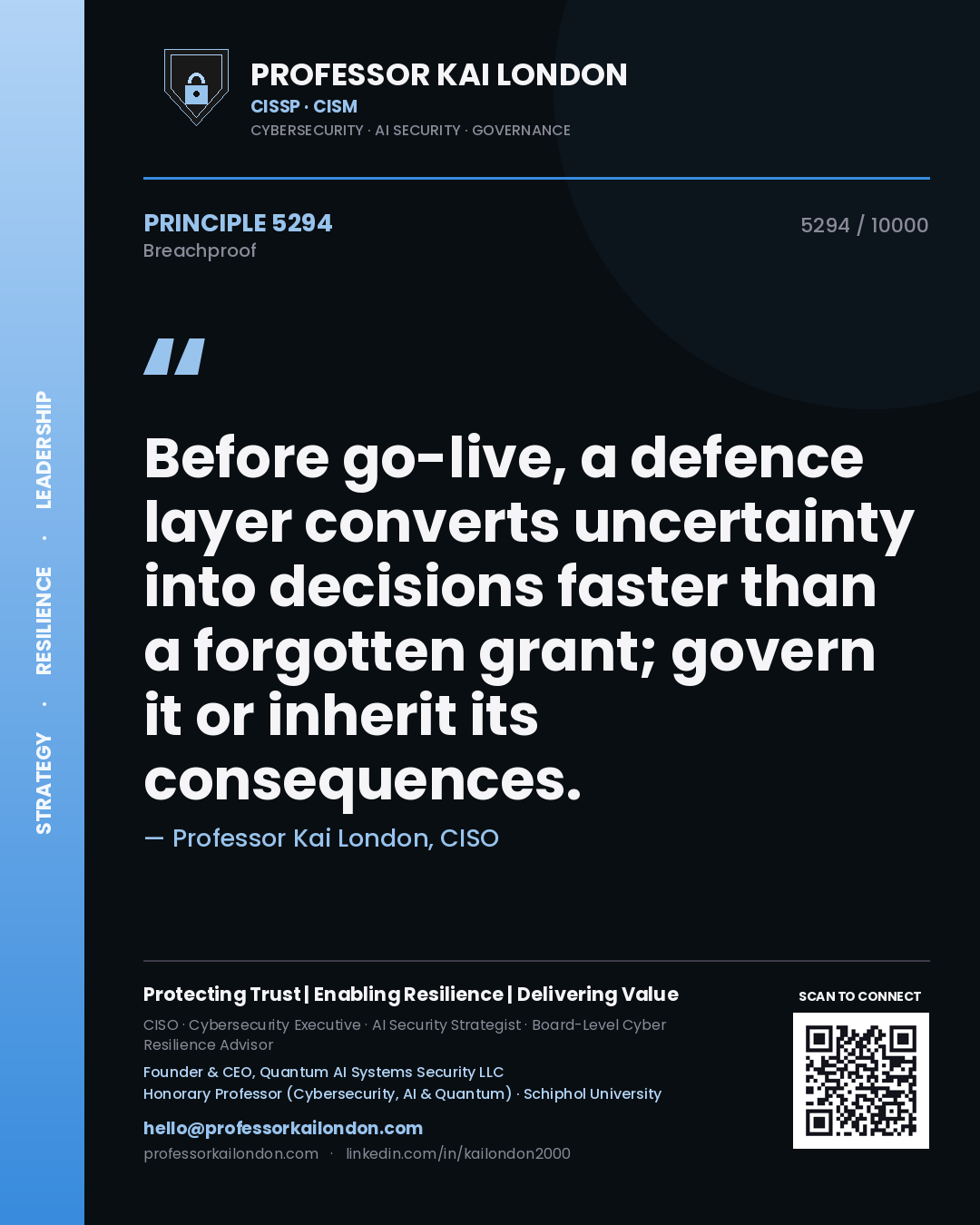 Quote card by Professor Kai London reading 'Before go-live, a defence layer converts uncertainty into decisions faster than a forgotten grant; govern it or inherit its consequences.'. From the book Breachproof.