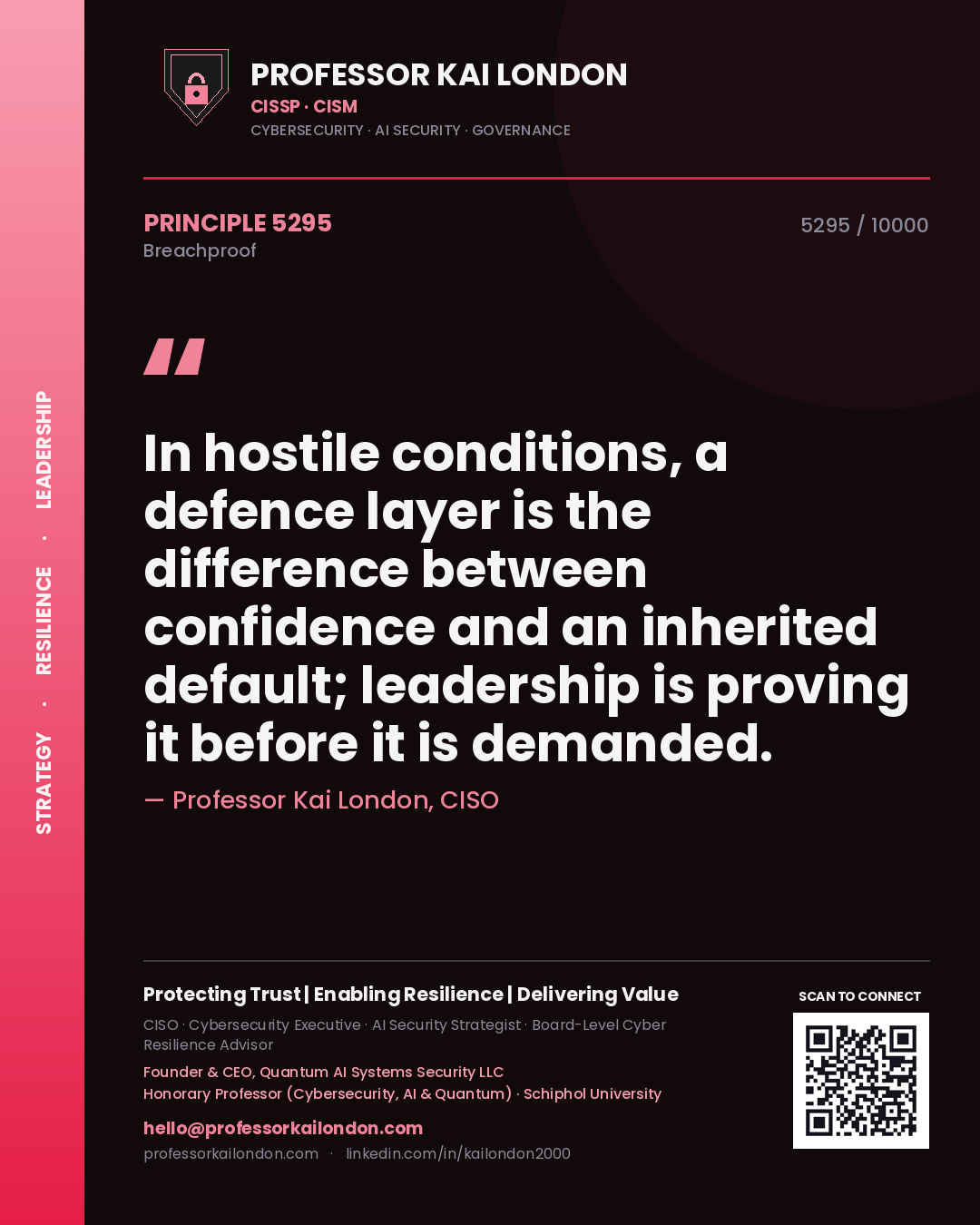 Quote card by Professor Kai London reading 'In hostile conditions, a defence layer is the difference between confidence and an inherited default; leadership is proving it before it is demanded.'. From the book Breachproof.