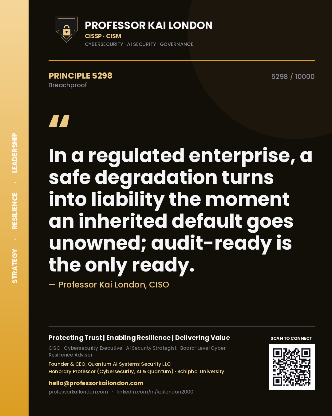 Quote card by Professor Kai London reading 'In a regulated enterprise, a safe degradation turns into liability the moment an inherited default goes unowned; audit-ready is the only ready.'. From the book Breachproof.