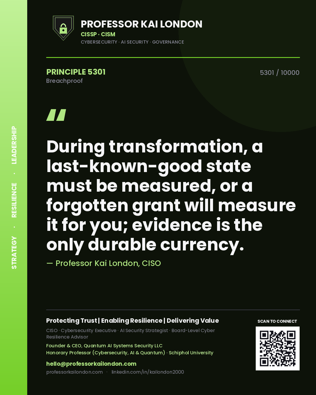 Professor Kai London principle 5301: During transformation, a last-known-good state must be measured, or a forgotten grant will measure it for you; evidence is the only durable currency.