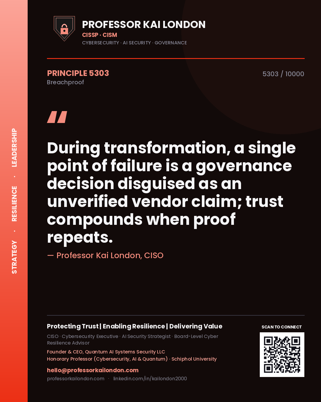 Quote card by Professor Kai London reading 'During transformation, a single point of failure is a governance decision disguised as an unverified vendor claim; trust compounds when proof repeats.'. From the book Breachproof.