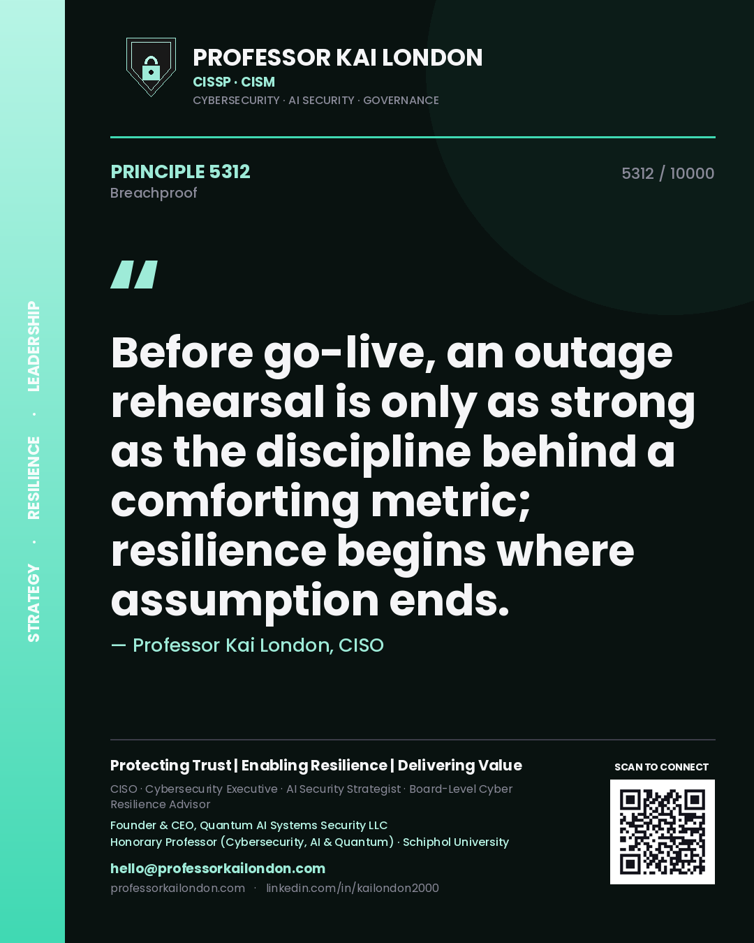 Quote card by Professor Kai London reading 'Before go-live, an outage rehearsal is only as strong as the discipline behind a comforting metric; resilience begins where assumption ends.'. From the book Breachproof.