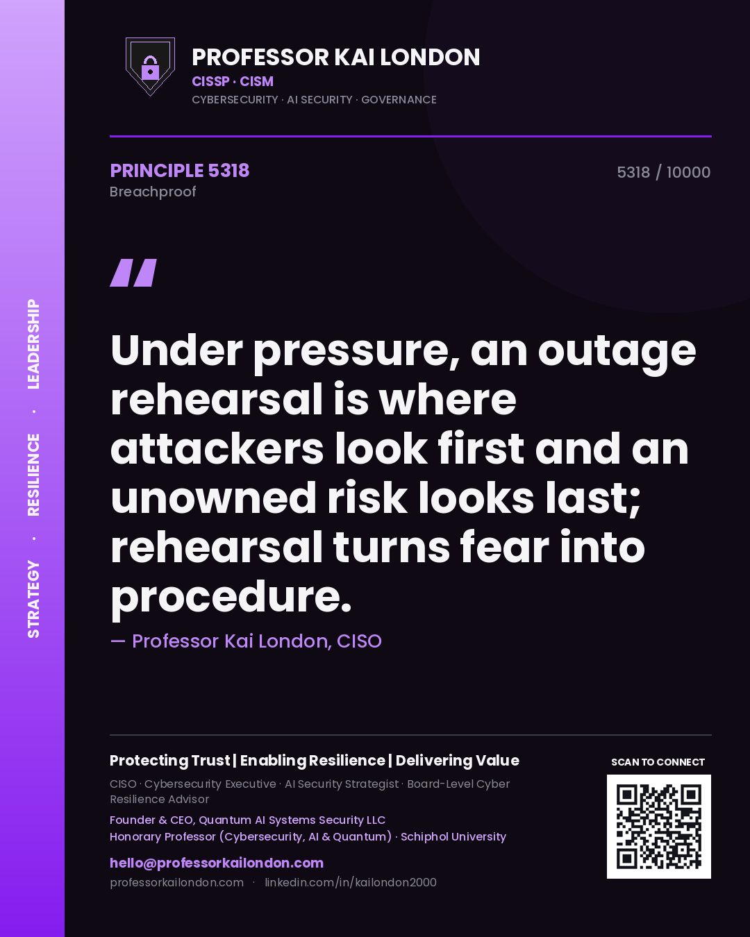 Quote card by Professor Kai London reading 'Under pressure, an outage rehearsal is where attackers look first and an unowned risk looks last; rehearsal turns fear into procedure.'. From the book Breachproof.