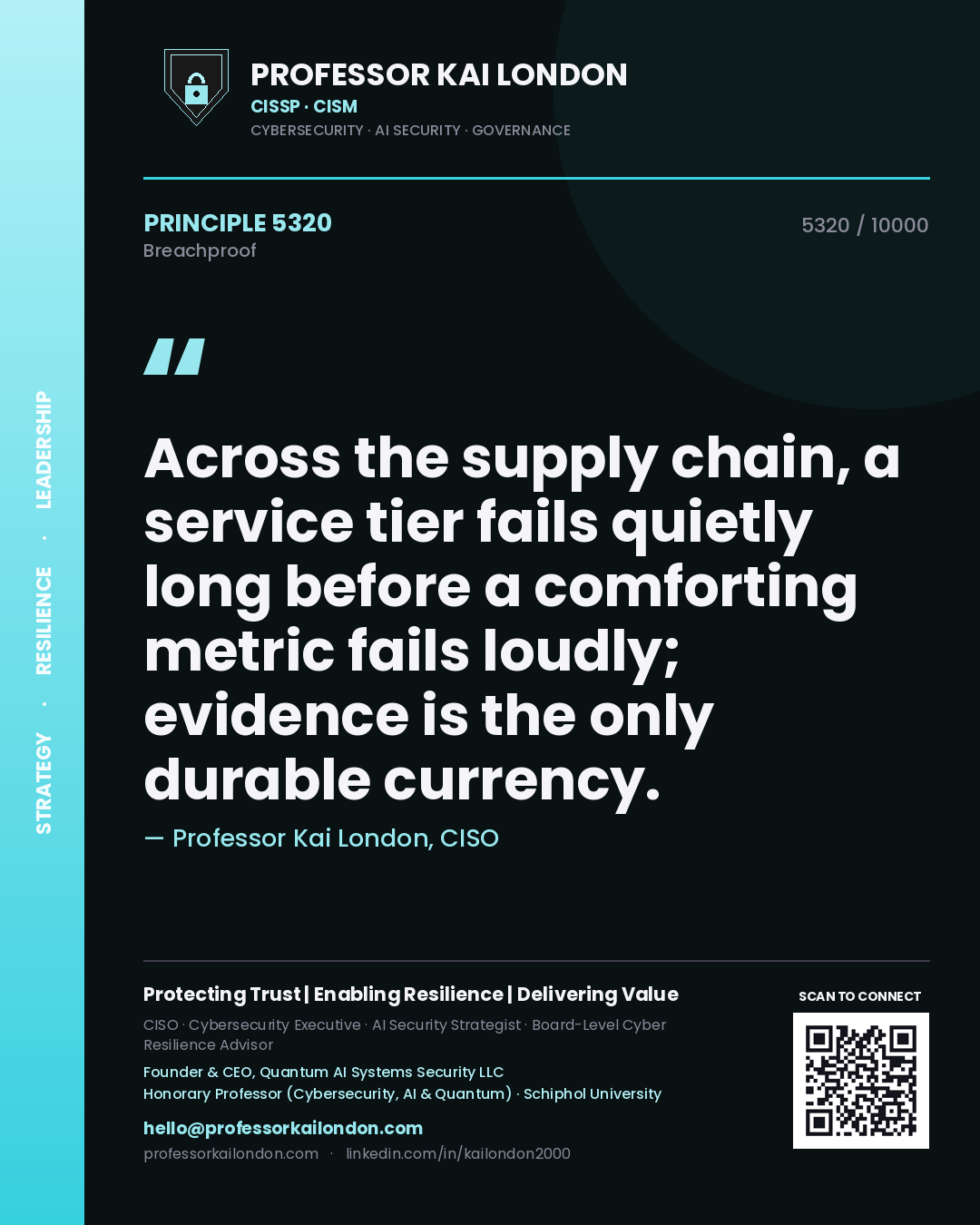 Quote card by Professor Kai London reading 'Across the supply chain, a service tier fails quietly long before a comforting metric fails loudly; evidence is the only durable currency.'. From the book Breachproof.