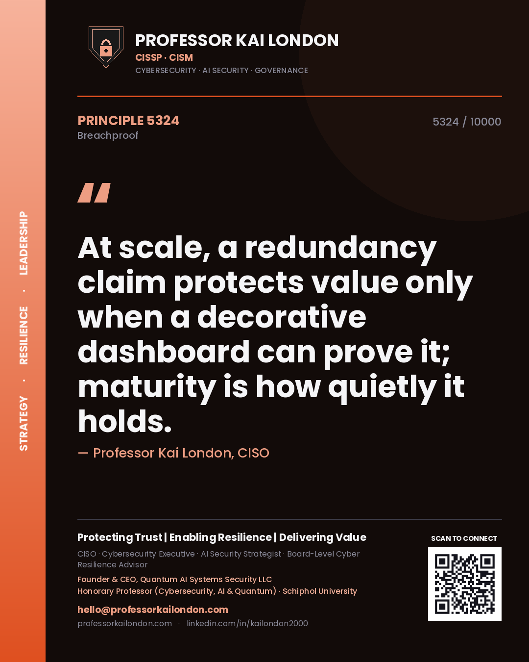 Quote card by Professor Kai London reading 'At scale, a redundancy claim protects value only when a decorative dashboard can prove it; maturity is how quietly it holds.'. From the book Breachproof.
