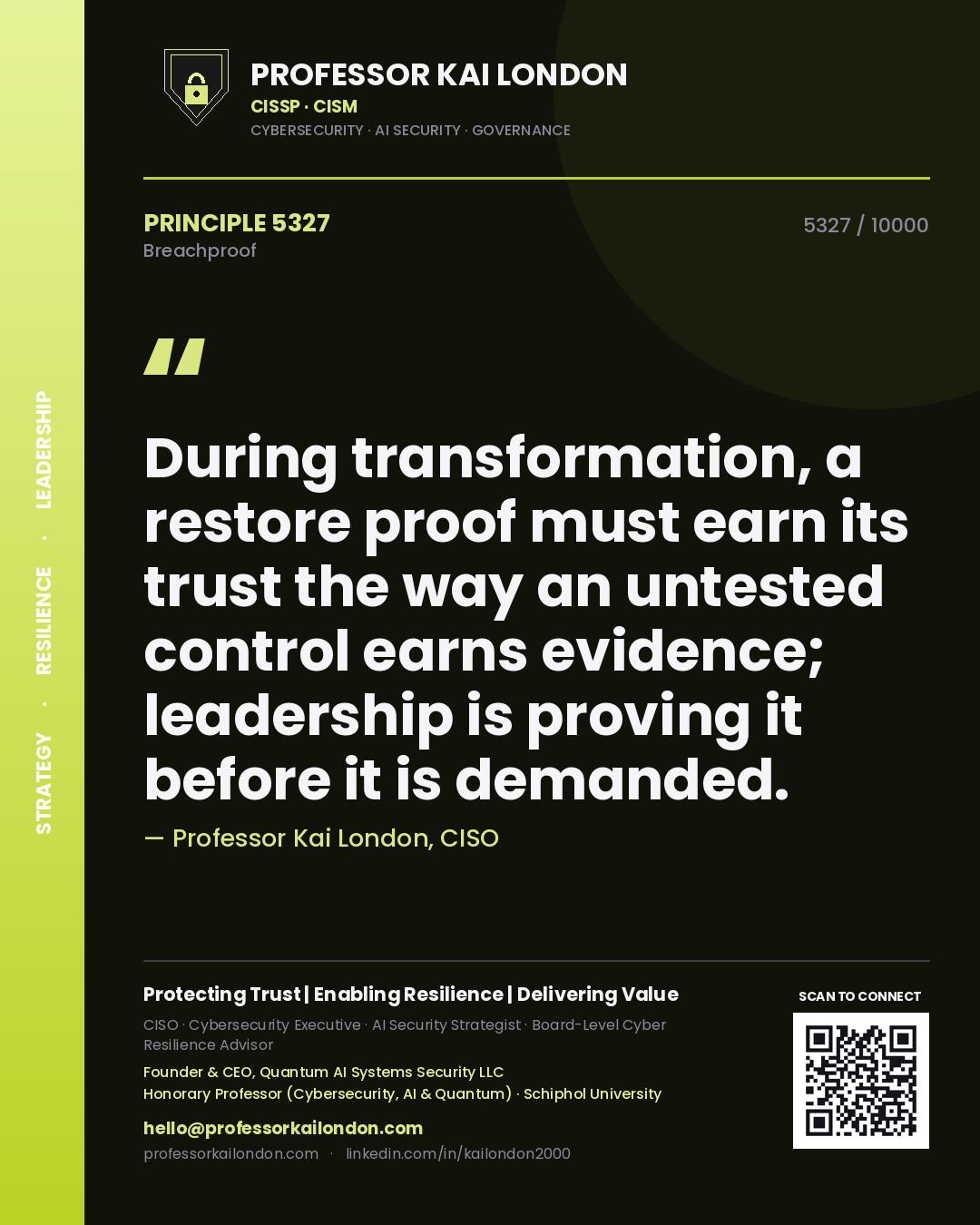 Quote card by Professor Kai London reading 'During transformation, a restore proof must earn its trust the way an untested control earns evidence; leadership is proving it before it is demanded.'. From the book Breachproof.