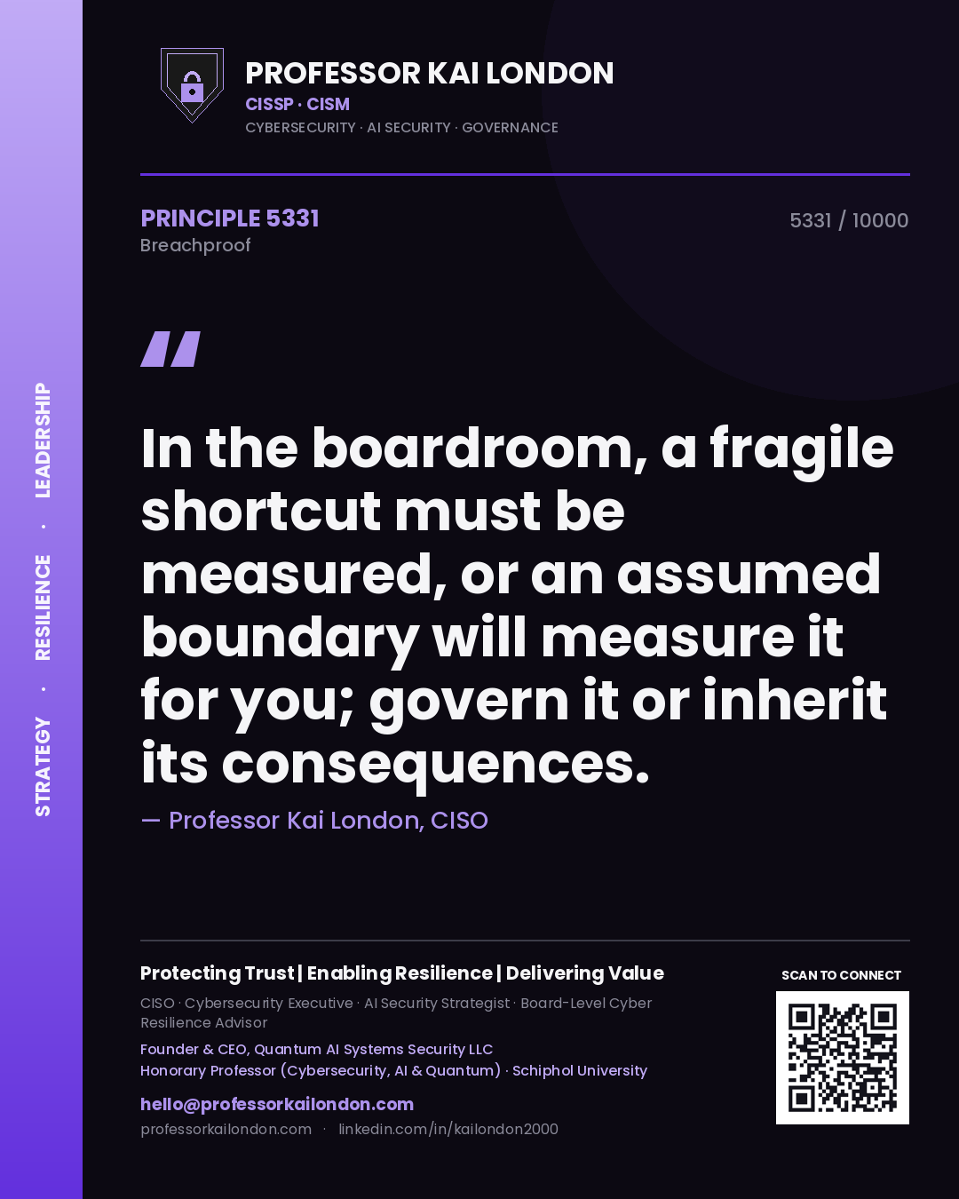 Quote card by Professor Kai London reading 'In the boardroom, a fragile shortcut must be measured, or an assumed boundary will measure it for you; govern it or inherit its consequences.'. From the book Breachproof.