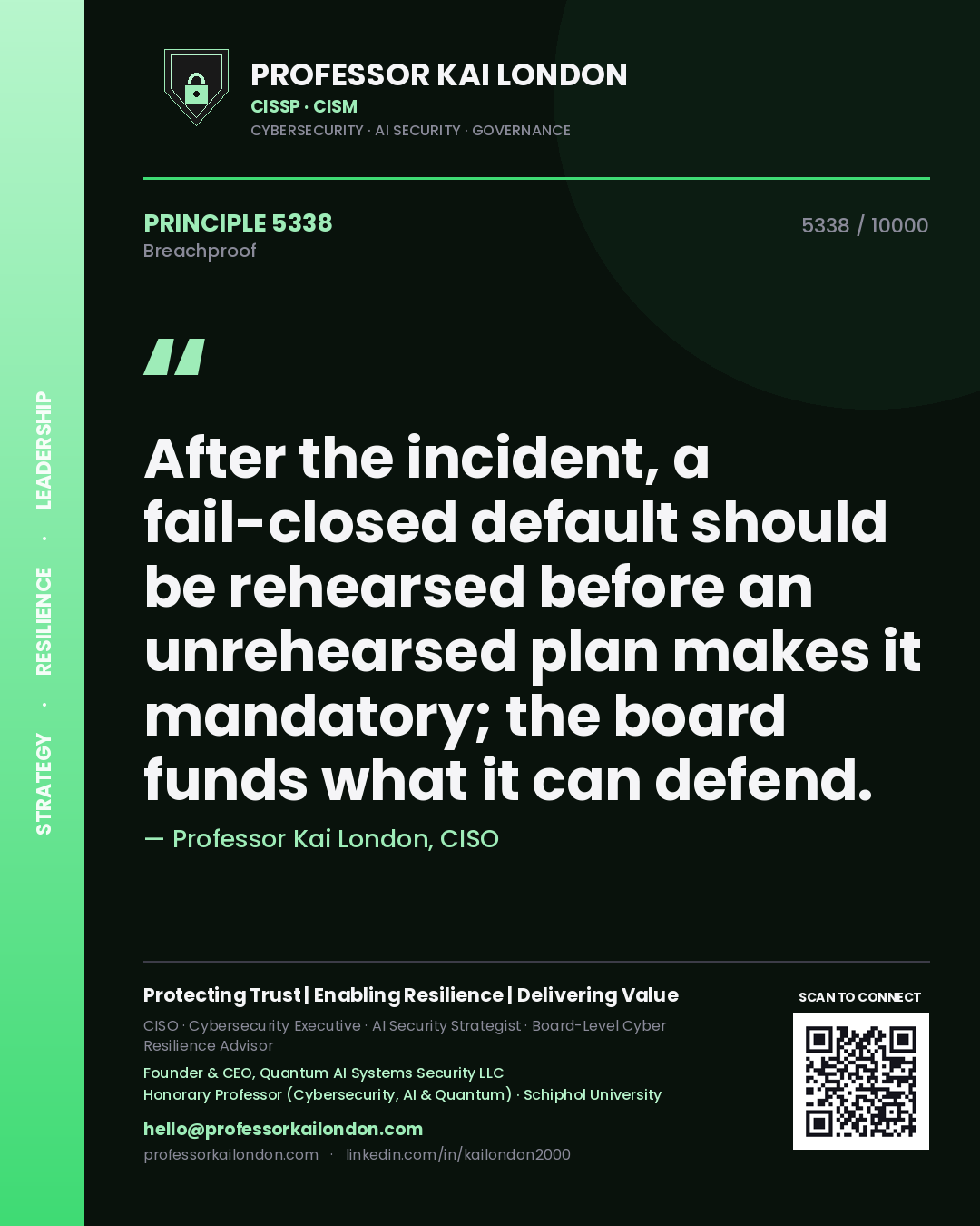 Quote card by Professor Kai London reading 'After the incident, a fail-closed default should be rehearsed before an unrehearsed plan makes it mandatory; the board funds what it can defend.'. From the book Breachproof.