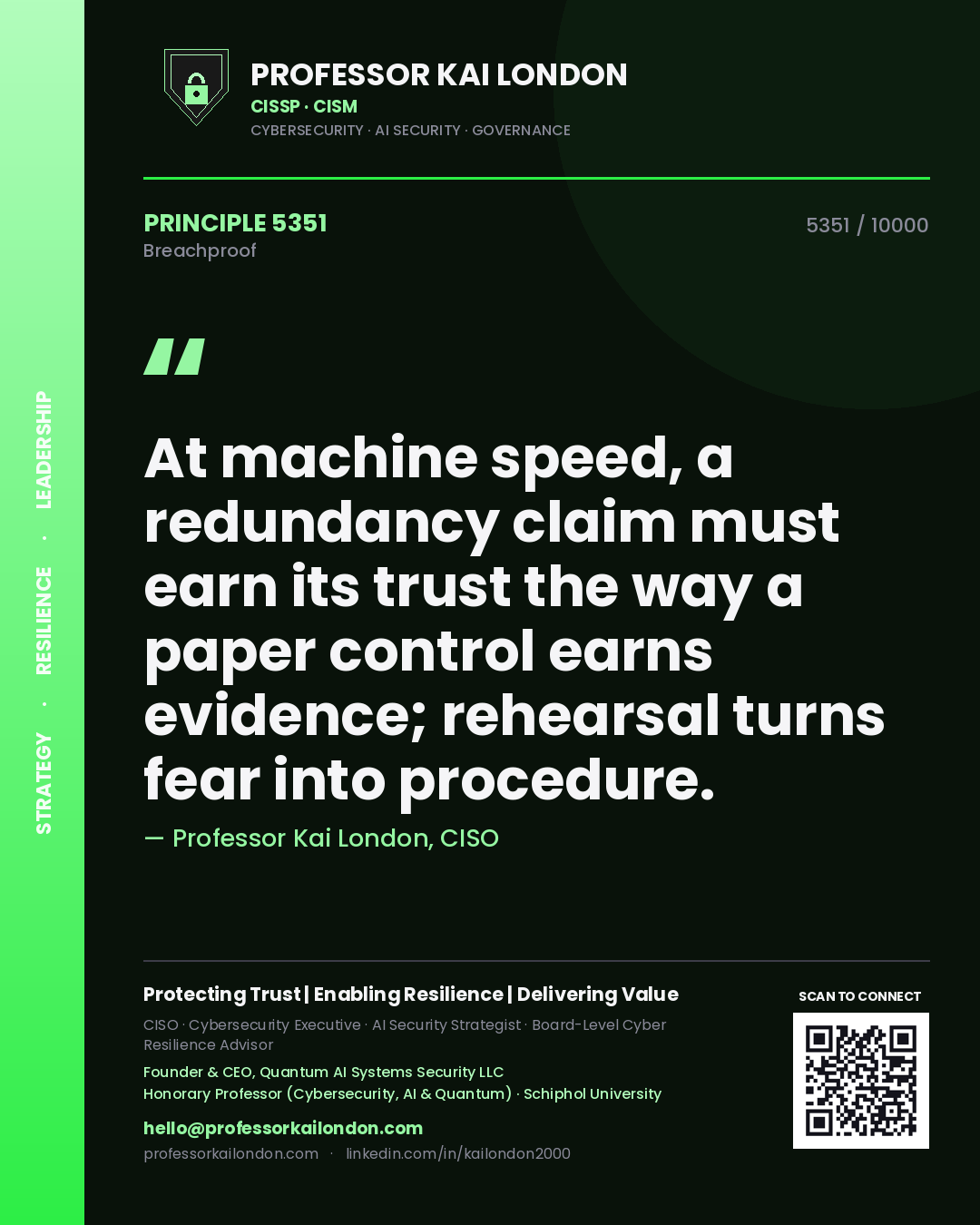 Professor Kai London principle 5351: At machine speed, a redundancy claim must earn its trust the way a paper control earns evidence; rehearsal turns fear into procedure.