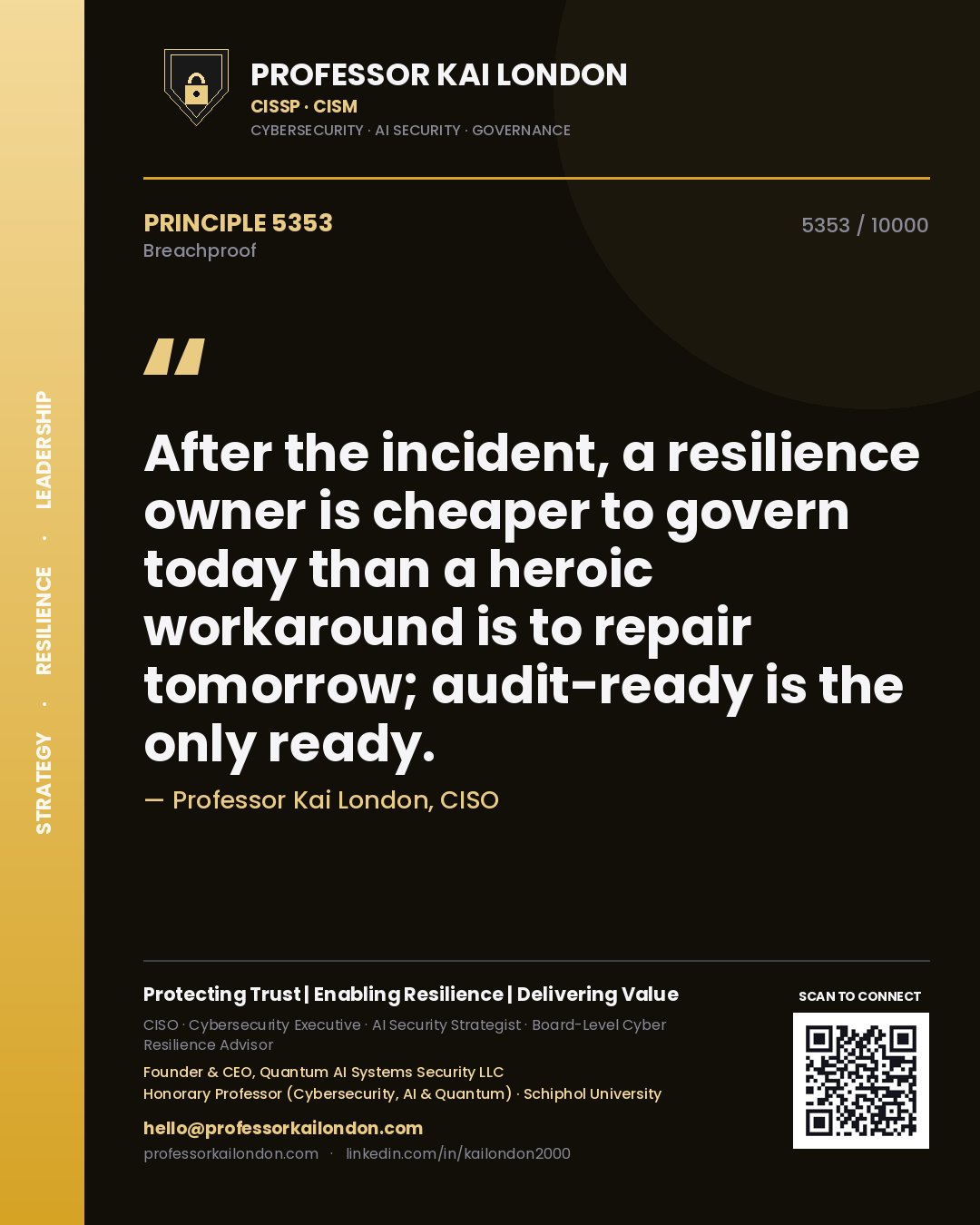 Quote card by Professor Kai London reading 'After the incident, a resilience owner is cheaper to govern today than a heroic workaround is to repair tomorrow; audit-ready is the only ready.'. From the book Breachproof.
