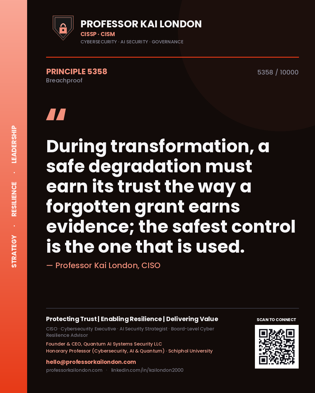 Quote card by Professor Kai London reading 'During transformation, a safe degradation must earn its trust the way a forgotten grant earns evidence; the safest control is the one that is used.'. From the book Breachproof.