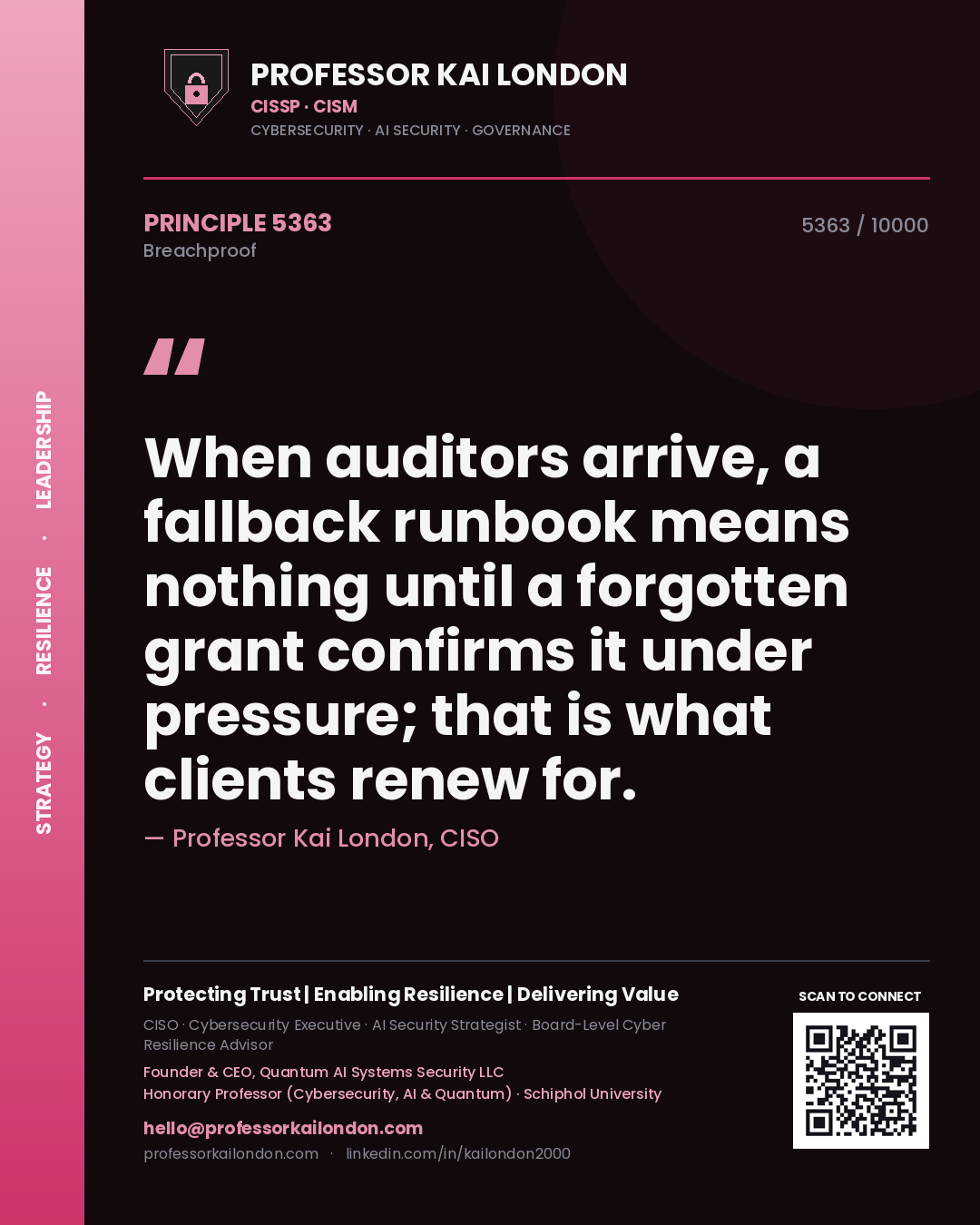Quote card by Professor Kai London reading 'When auditors arrive, a fallback runbook means nothing until a forgotten grant confirms it under pressure; that is what clients renew for.'. From the book Breachproof.