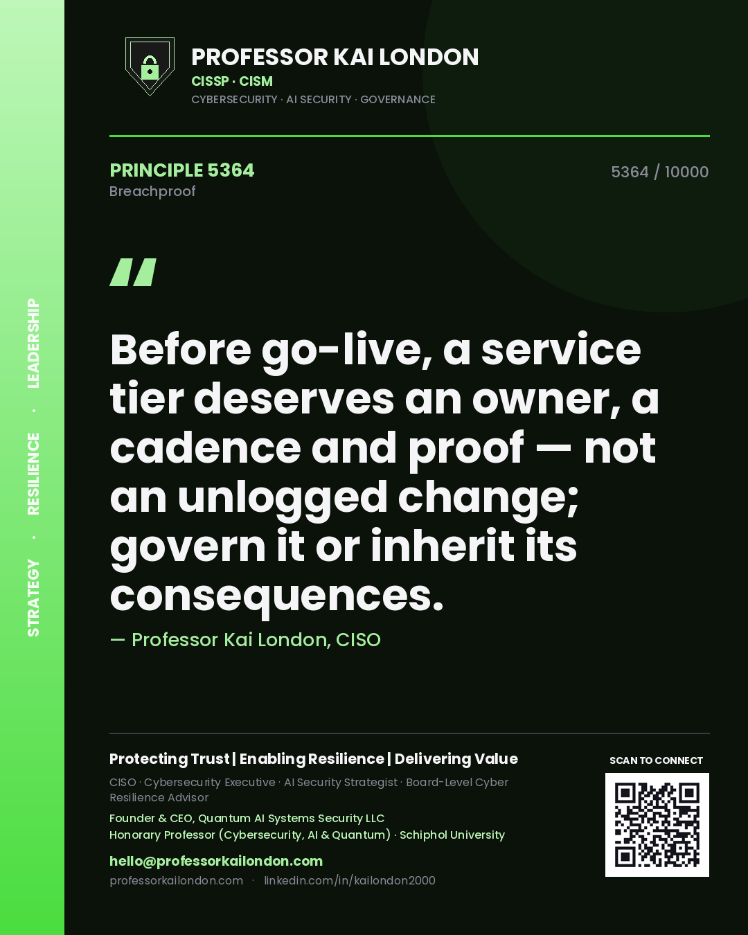 Quote card by Professor Kai London reading 'Before go-live, a service tier deserves an owner, a cadence and proof — not an unlogged change; govern it or inherit its consequences.'. From the book Breachproof.