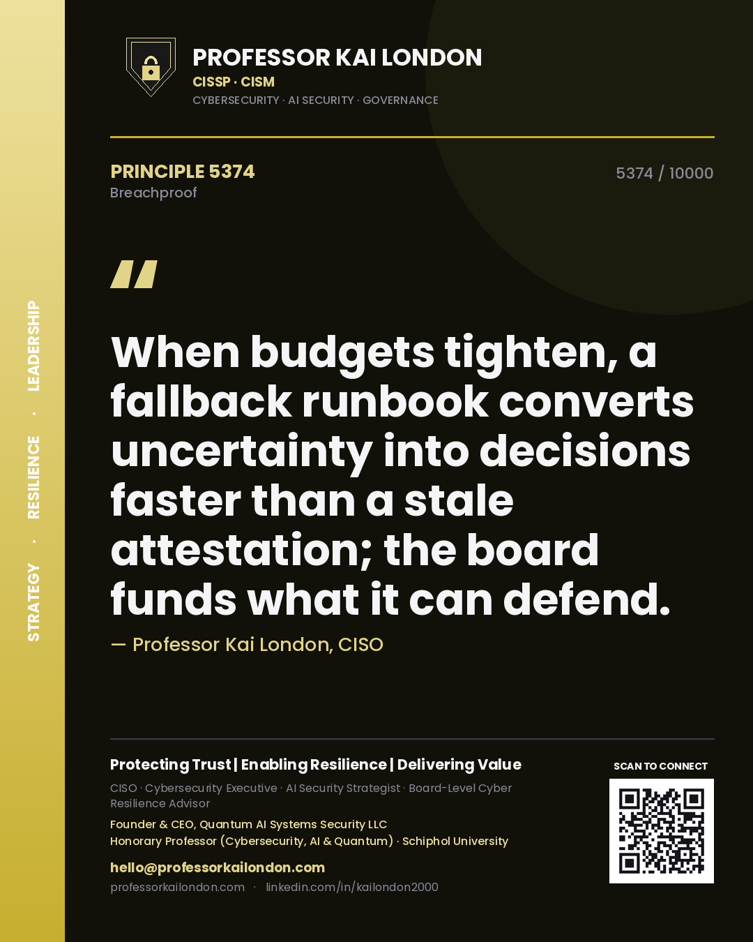 Quote card by Professor Kai London reading 'When budgets tighten, a fallback runbook converts uncertainty into decisions faster than a stale attestation; the board funds what it can defend.'. From the book Breachproof.