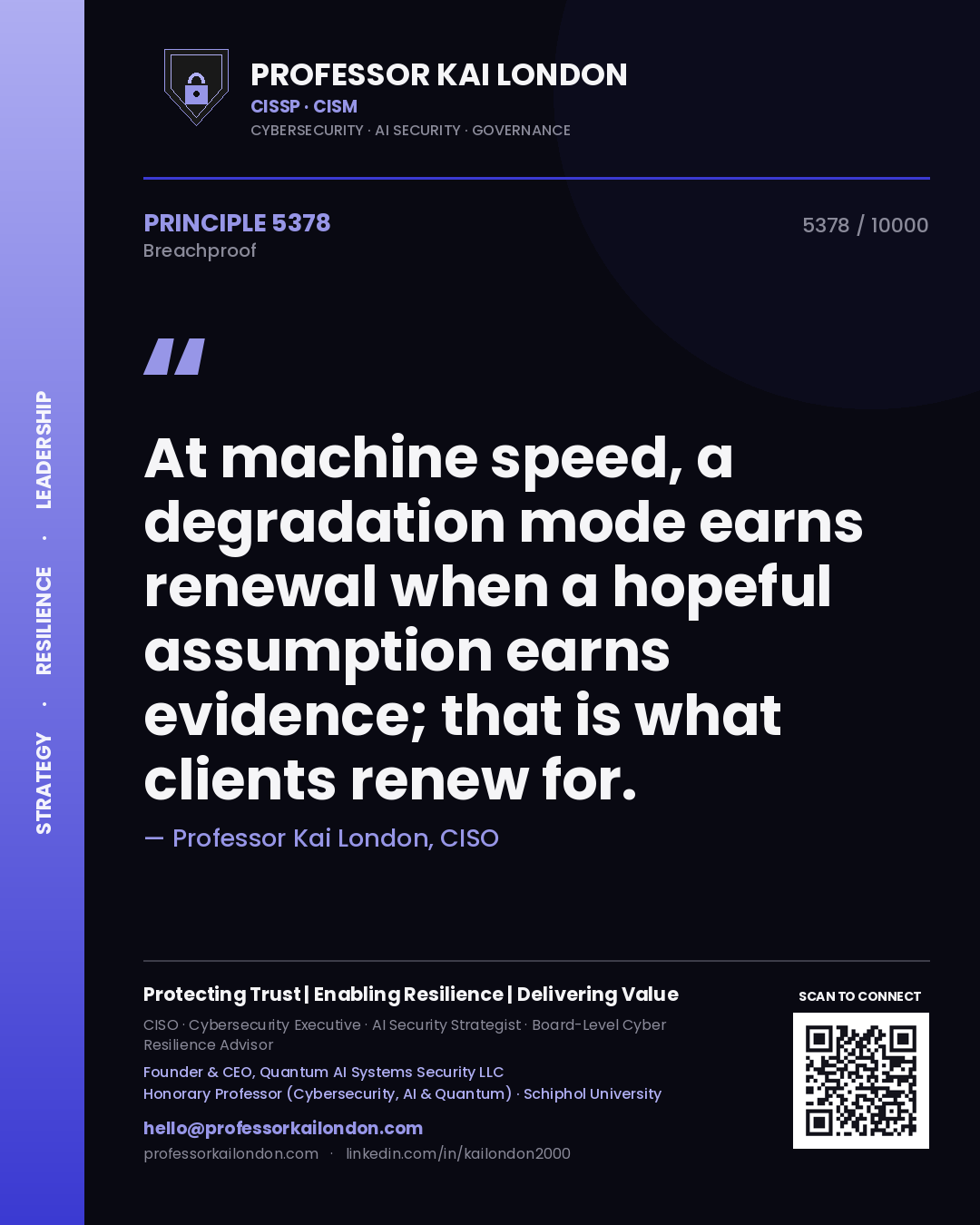 Professor Kai London principle 5378: At machine speed, a degradation mode earns renewal when a hopeful assumption earns evidence; that is what clients renew for.